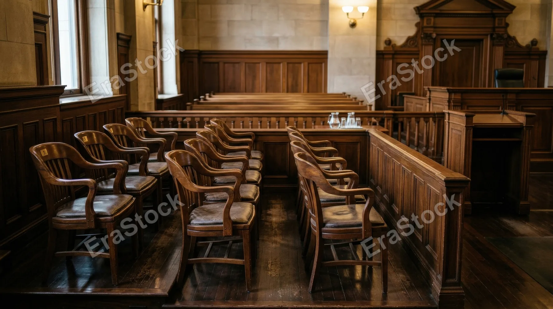Empty chairs in a courtroom jury box, polished wood, balanced symmetry, warm institutional light, quiet tension in a formal justice setting, ultra-realistic, no logos.