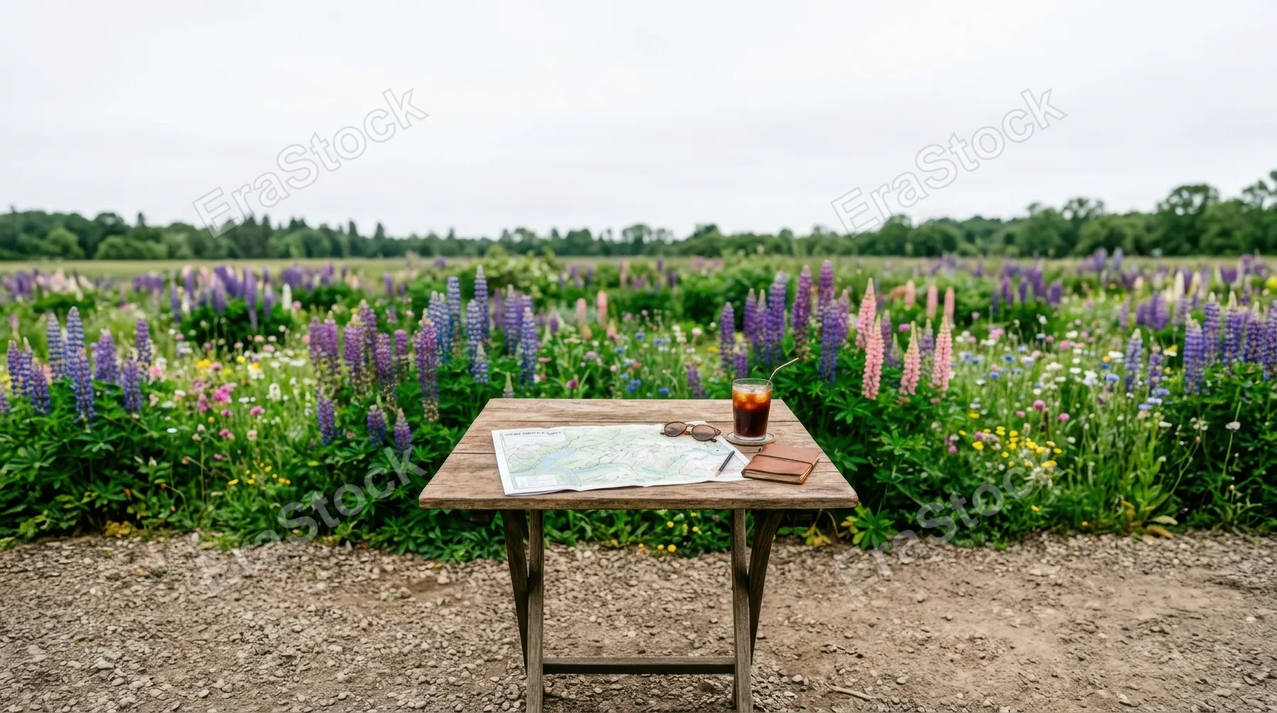 a bold, graphic commercial composition features the natural wooden table as the central subject, with the detailed map and iced coffee cup neatly arranged. generous