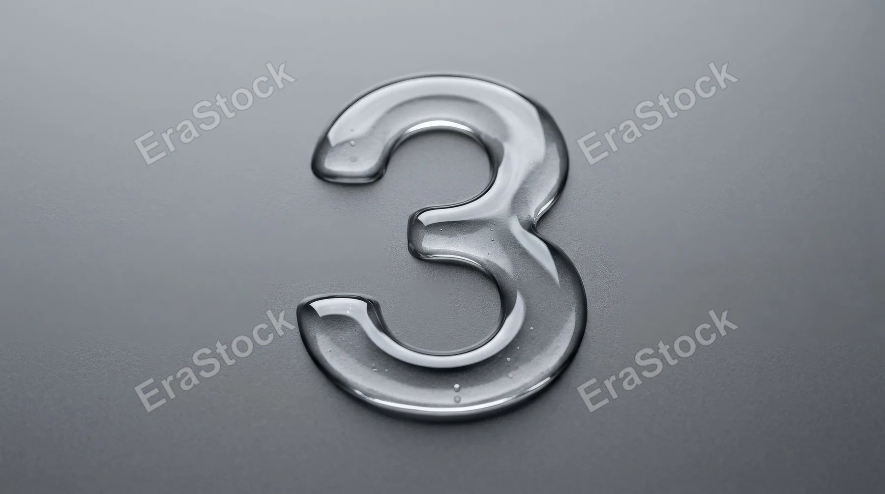 A number three formed from transparent clear liquid on a flat grey background, crisp glossy contours and clean negative space, sleek countdown aesthetic, ultra-realistic, no logos.