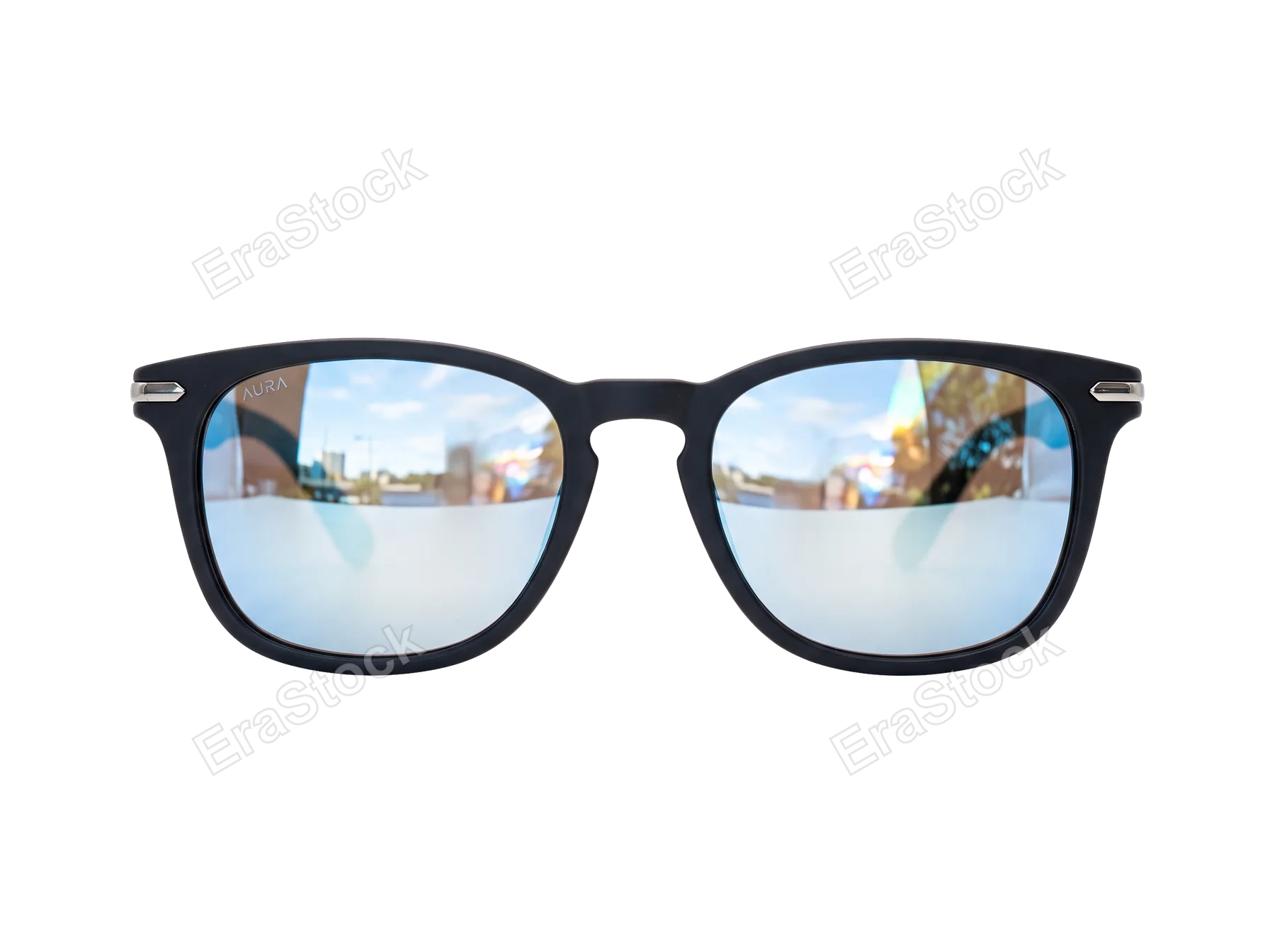 A pair of modern sunglasses with a matte black frame and reflective blue lenses showing a sky and building reflection