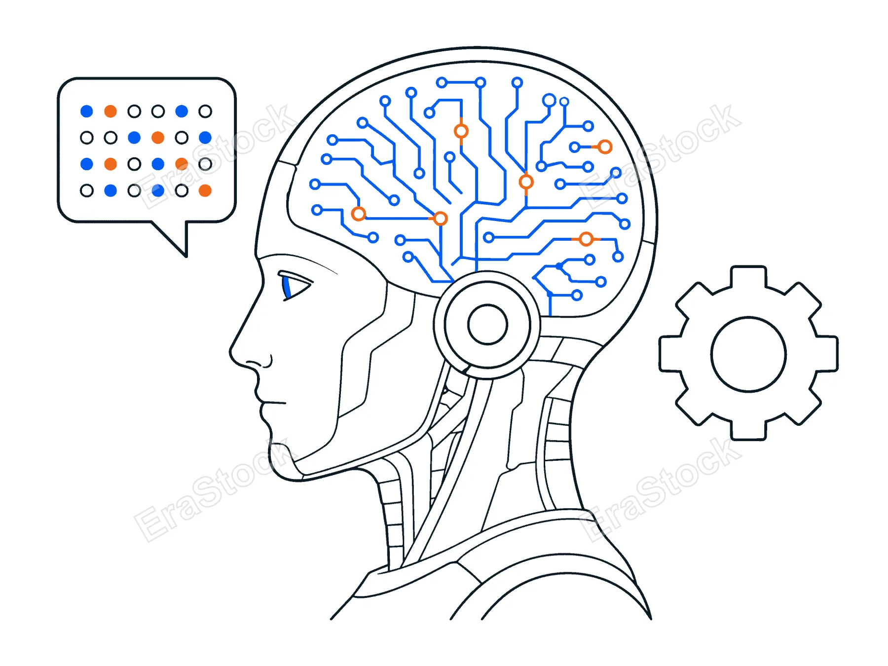 A minimalist illustration depicts a robot's profile with glowing circuits in its head and a speech bubble containing data points
