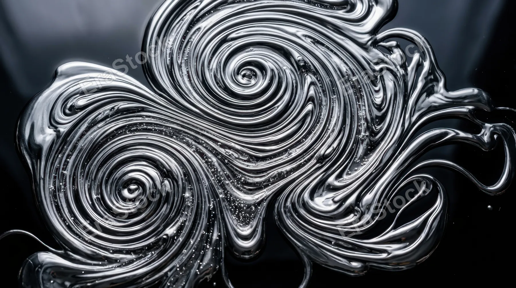 Liquid mercury-like metallic paint swirling across a dark surface in a dynamic pour, reflective silver fluid twisting into tight spirals and broad sweeping curves,