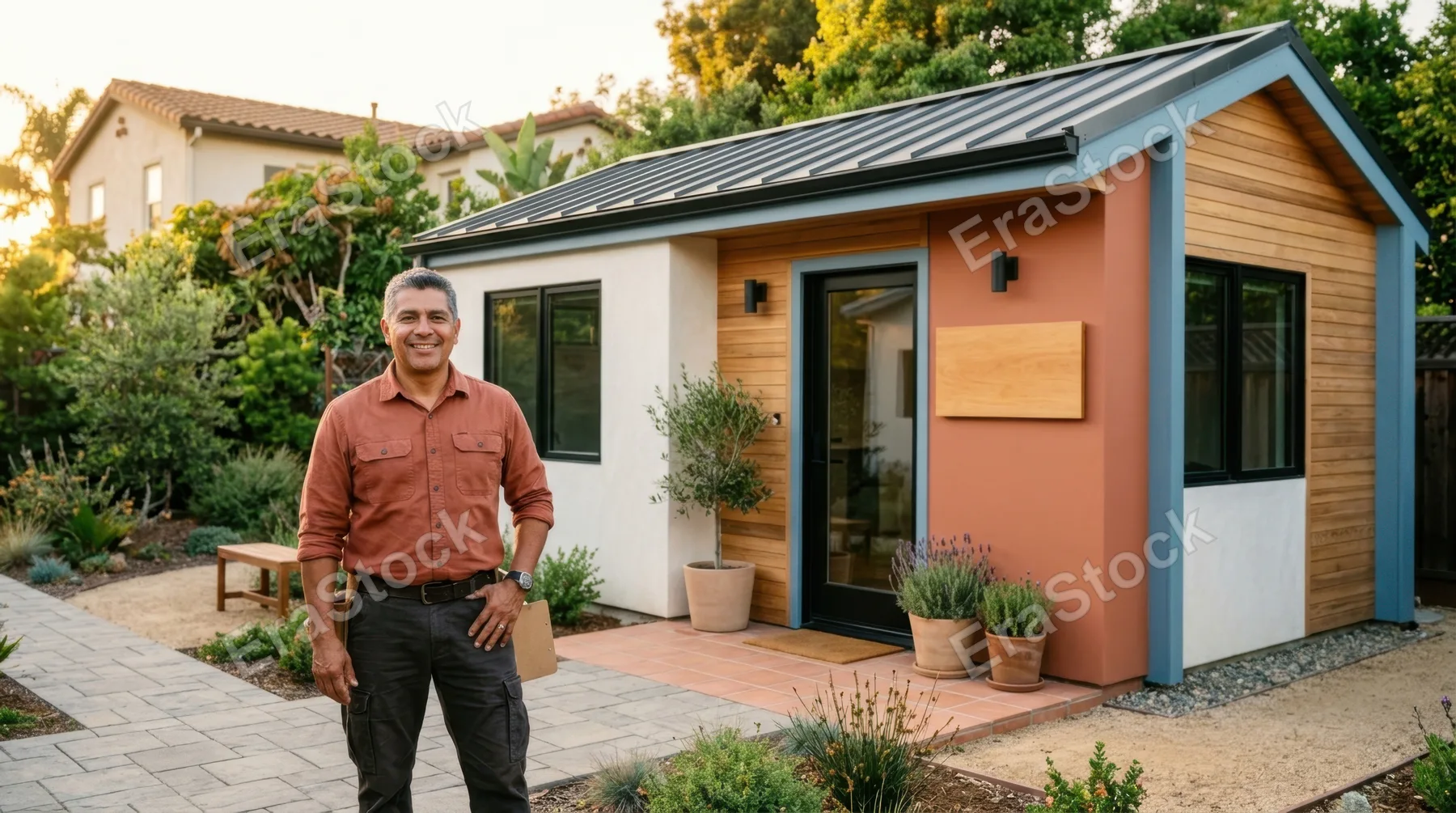 a 52-year-old hispanic male construction manager stands proudly in front of a sleek, modern accessory dwelling unit (adu), with clean lines and an inviting atmosphere