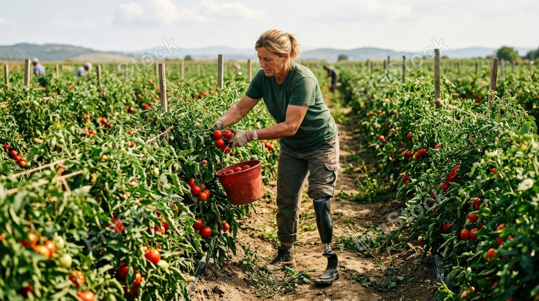 An amputee with a prosthetic leg working in a tomato plant, lush green rows, ripe red tomatoes, determined posture, warm daylight, resilient and grounded atmosphere, ultra-realistic, no logos.