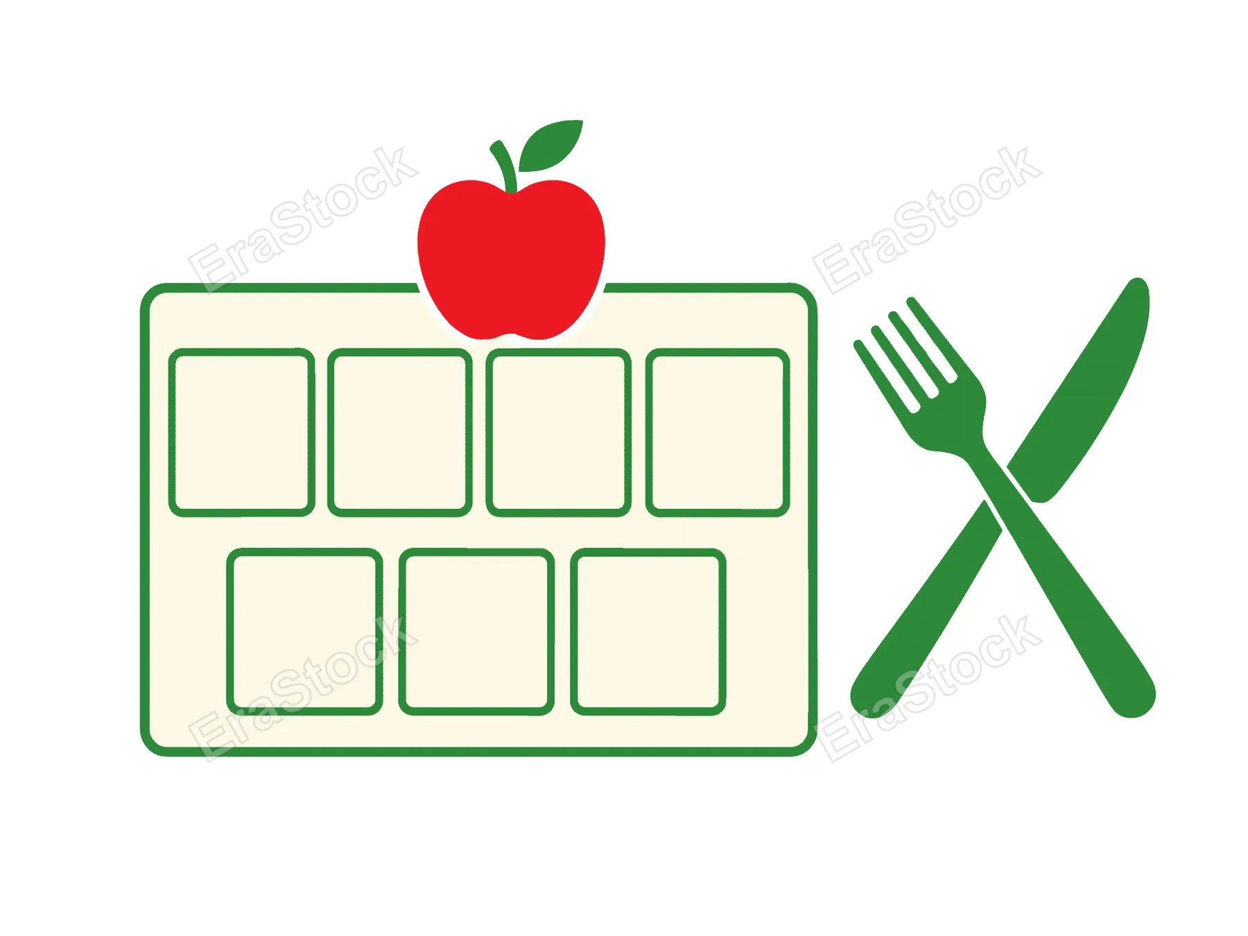 A visual representation of a balanced diet plan featuring an apple, a meal tray, and crossed fork and knife
