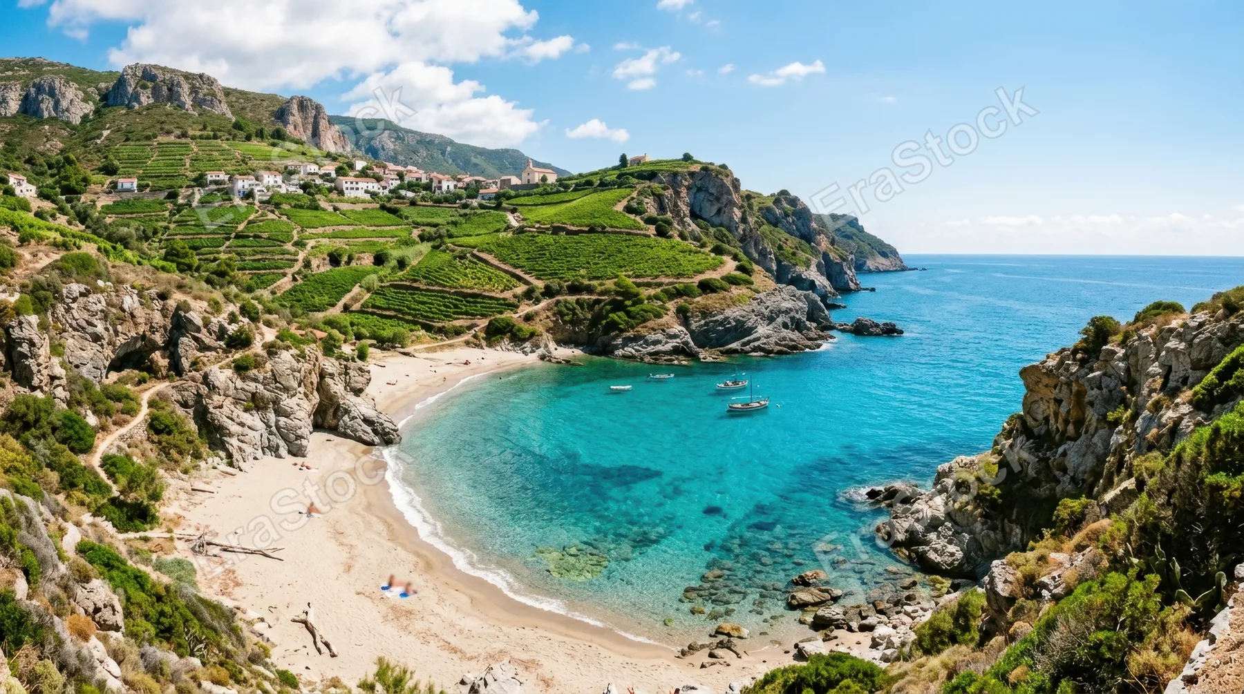 a breathtaking coastal scene featuring a picturesque cove with crystal-clear turquoise waters gently lapping against sandy beige shores, all framed by rugged gray cliffs