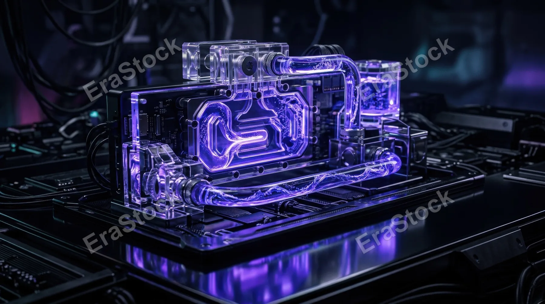 Cyber elements made of transparent glass and liquid acrylic with purple-blue glow on black, cinematic reflections and sleek tech-cover atmosphere, ultra-realistic, no logos.