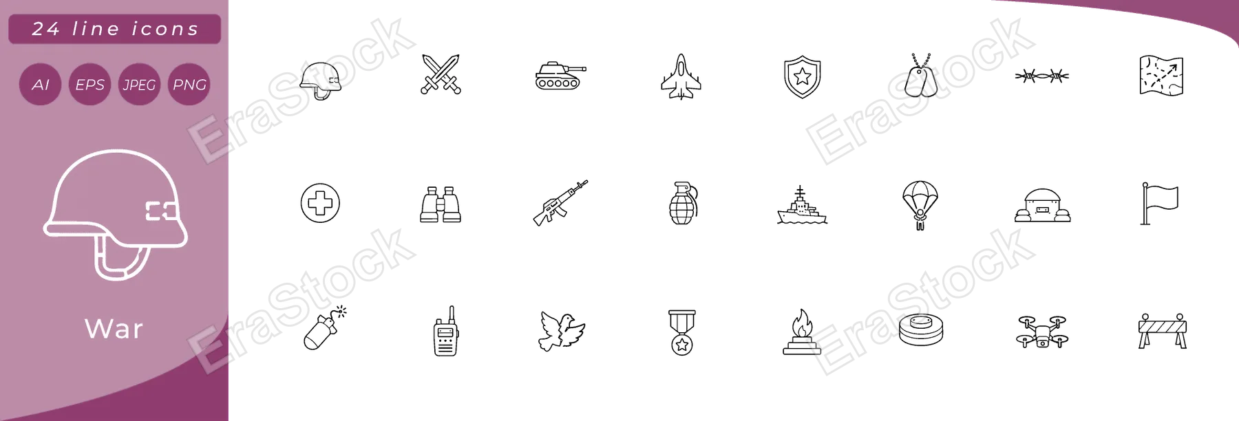 War: military helmet, crossed swords, tank side view, fighter jet, shield with star, dog tag, barbed wire segment, trench map with arrow, medic cross badge, binoculars, rifle outline, grenade, naval