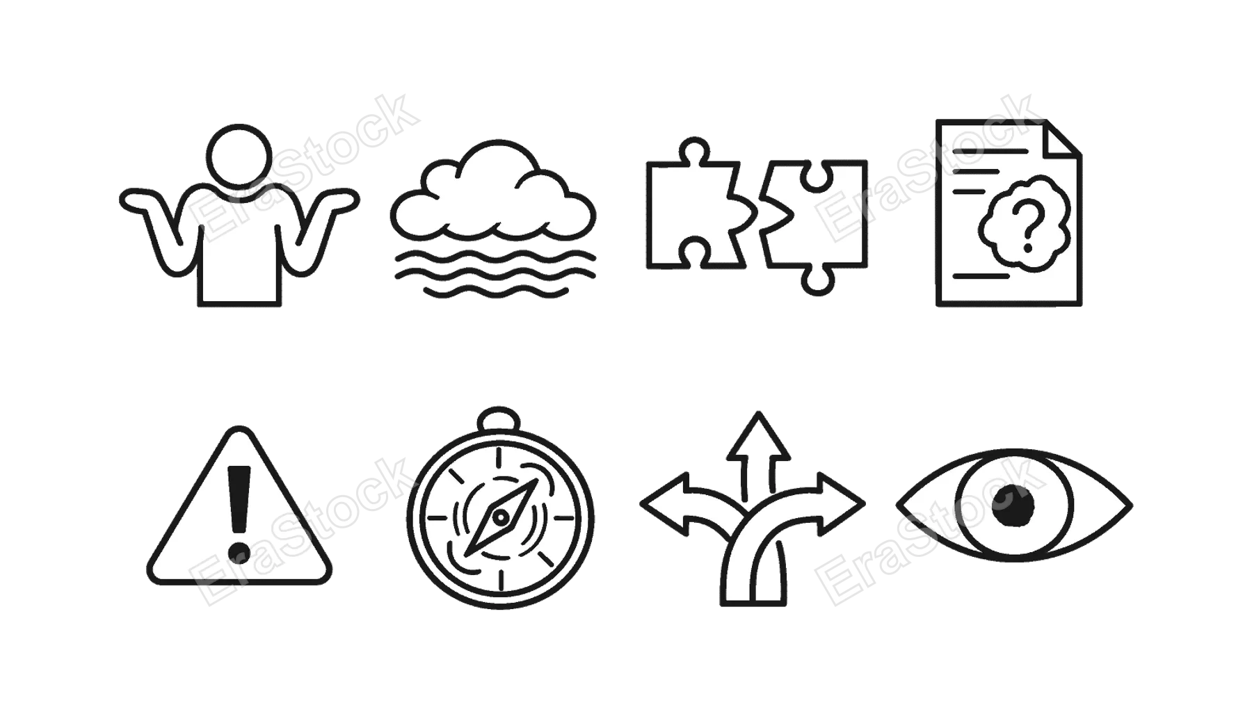 Uncertainty and doubt: shrug figure, fog cloud, broken puzzle, unclear document, warning sign, compass spinning, mixed signals arrows, eye with blur.