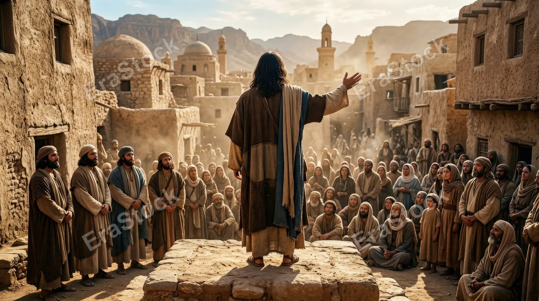 A man seen from behind with long hair standing in a desert village addressing a crowd, disciples nearby, ancient buildings, sunlit dust, sacred teaching atmosphere, ultra-realistic, no logos.