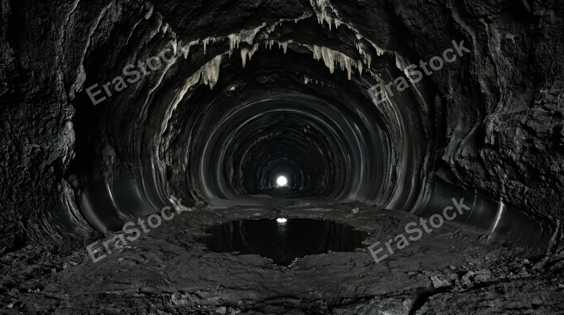 A massive black lava tube interior stretching hundreds of meters, the tunnel perfectly cylindrical and smooth-walled from ancient flowing lava, the floor flat and dark, a