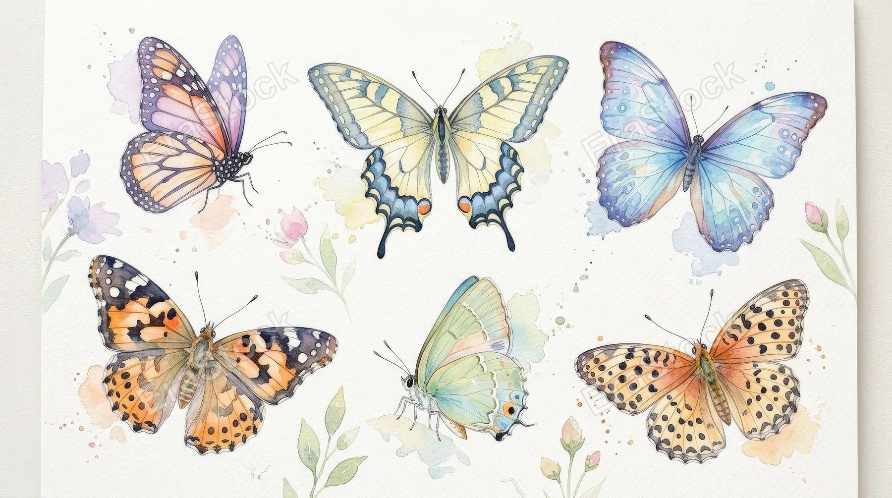 A watercolor butterfly illustration set, delicate wings in airy spring colors with soft translucent brushwork, graceful whimsical mood, ultra-realistic, no logos.