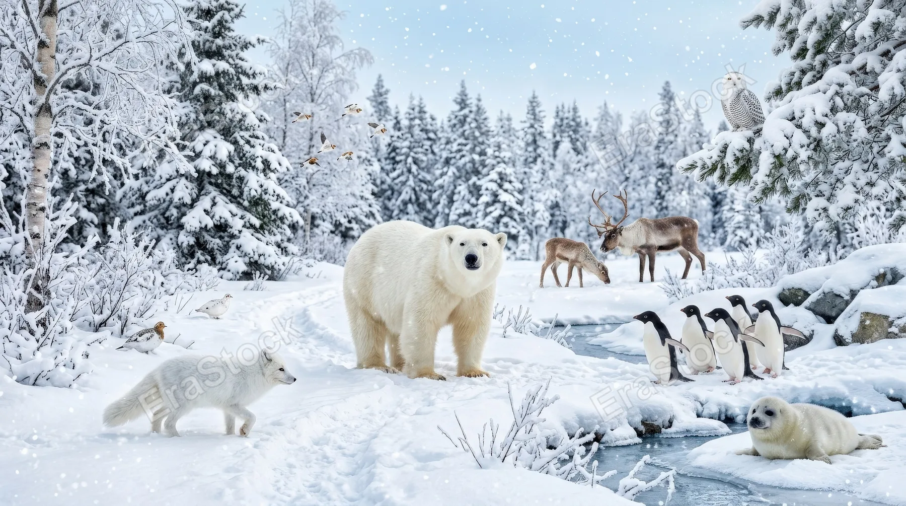 A charming winter scene with adorable arctic animals including a polar bear, fox, penguins, seal, deer, and birds among snowflakes and trees, bright snowy mood, ultra-realistic, no logos.