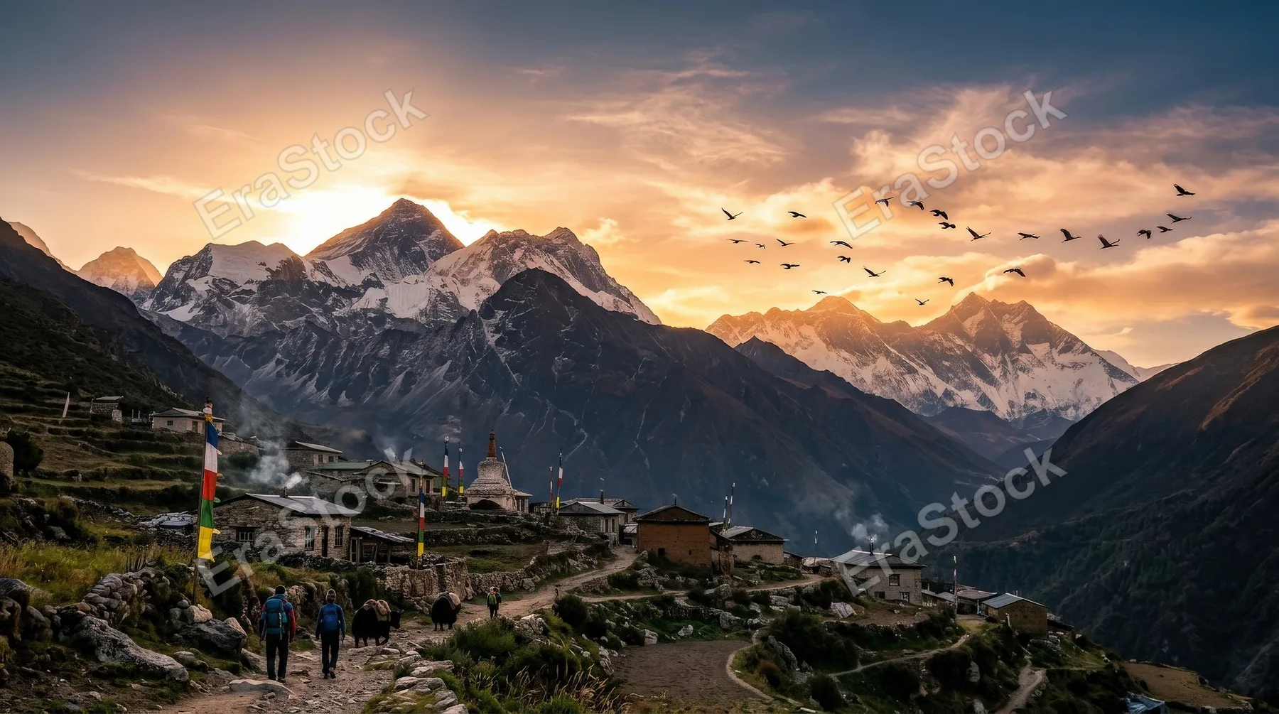 An ethnic mountain landscape with birds flying across the sky and the sun low behind the peaks, warm natural glow, tranquil atmosphere, ultra-realistic, no logos.