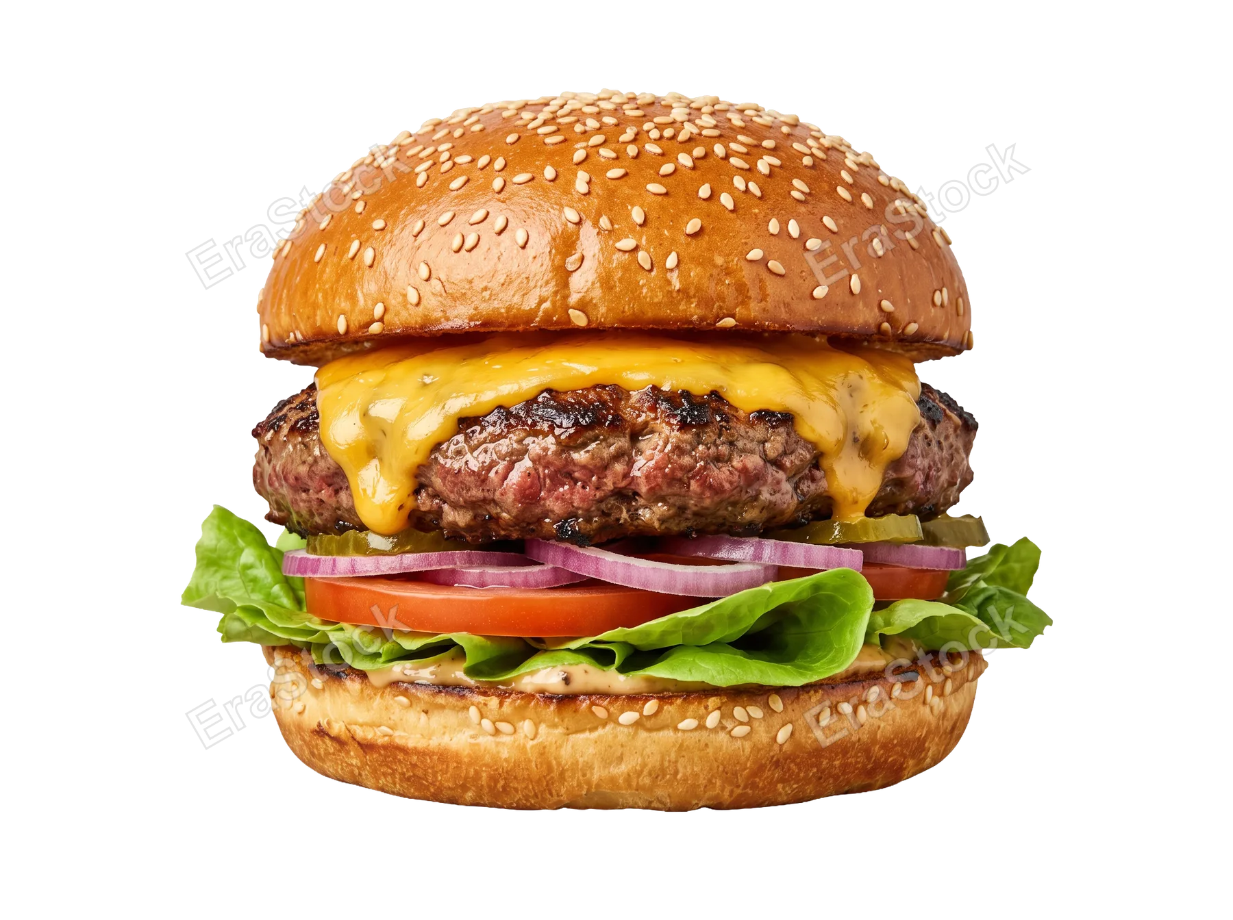 A delicious and appetizing cheeseburger is presented with all its fresh ingredients stacked high on a toasted sesame bun, ready to be enjoyed
