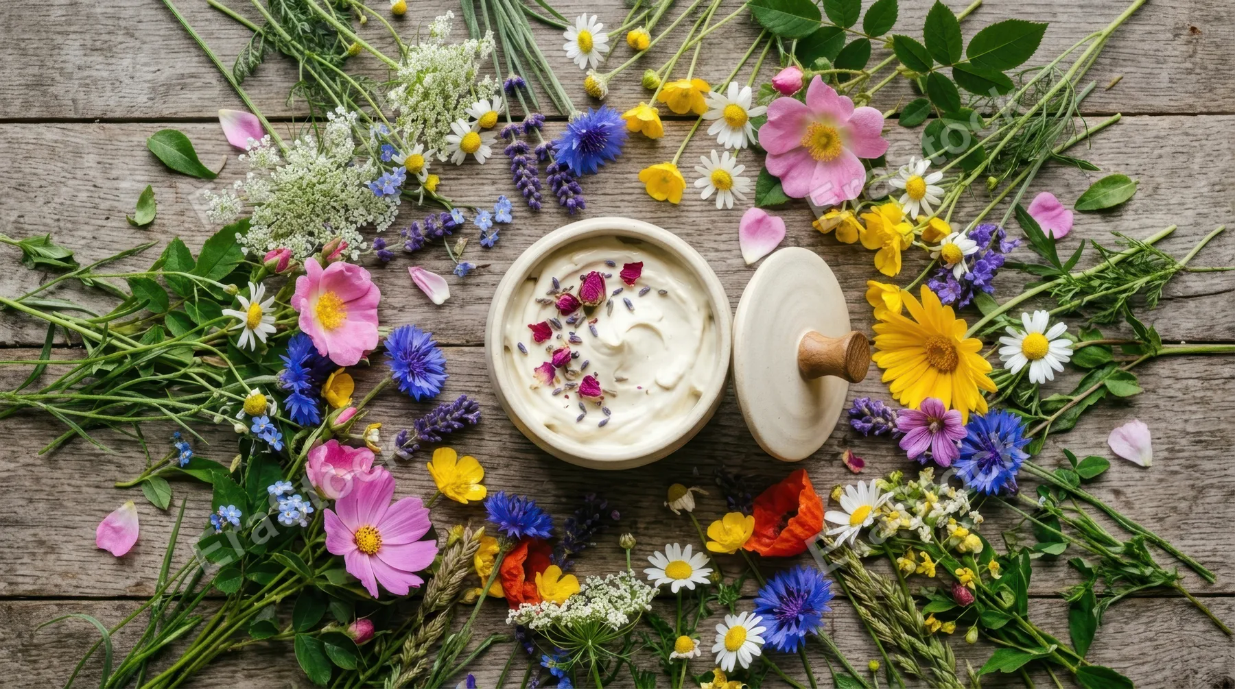 an overhead flat lay of the cream tub surrounded by scattered wildflowers, arranged to highlight the interplay of colors among the greenery and blooms. the composition is