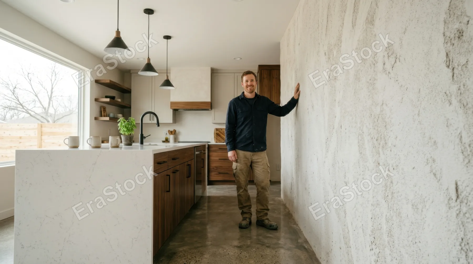 distinctly captured from a low angle perspective, the contractor confidently poses beside the blank stucco wall. the kitchen island and its pristine surfaces showcase the