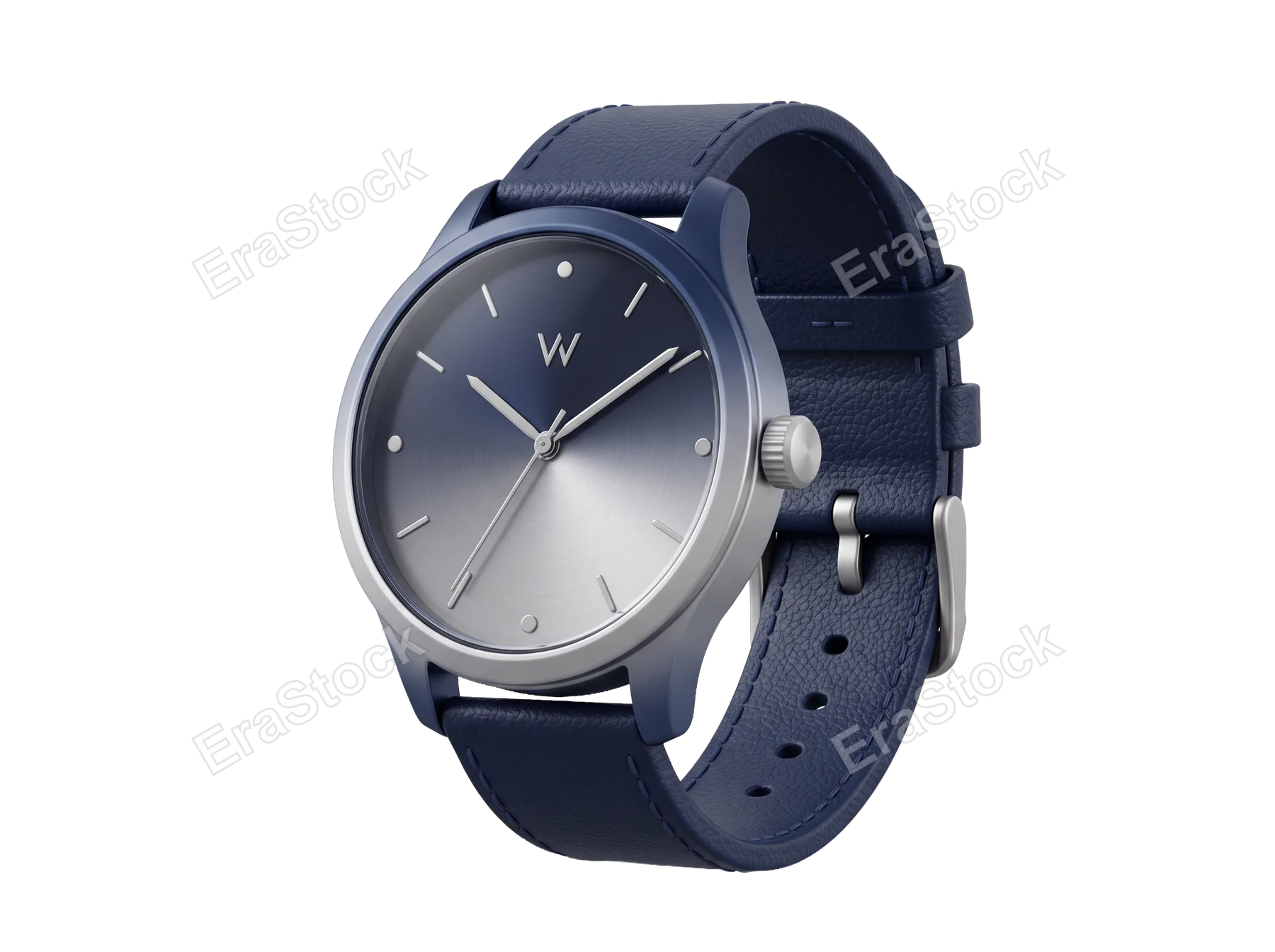 A sleek, contemporary wristwatch featuring a brushed metal case and a gradient blue to silver dial with simple hour markers and a blue leather band