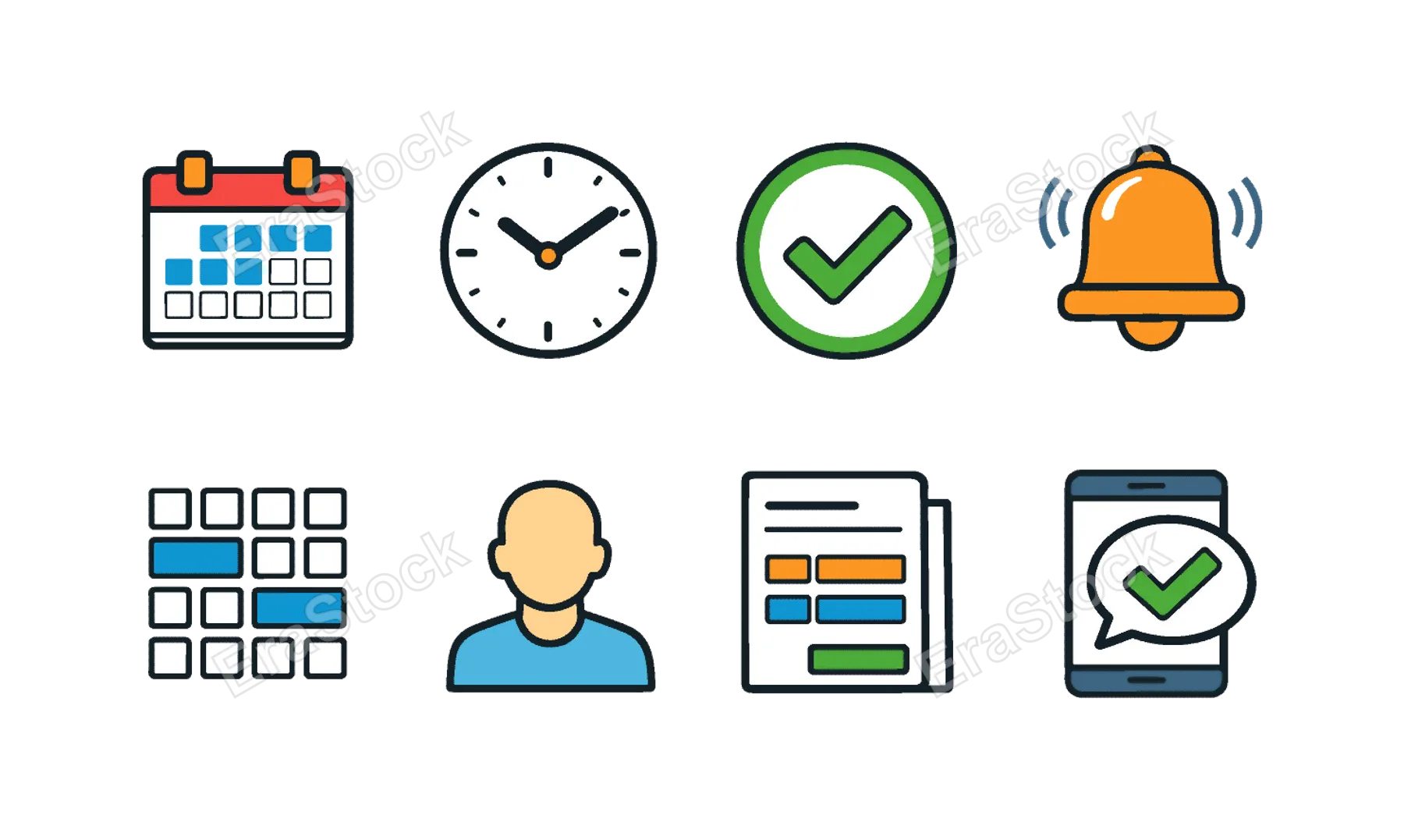 Appointment scheduling system: calendar, clock, checkmark, reminder bell, time slot grid, user profile, booking form, confirmation message.