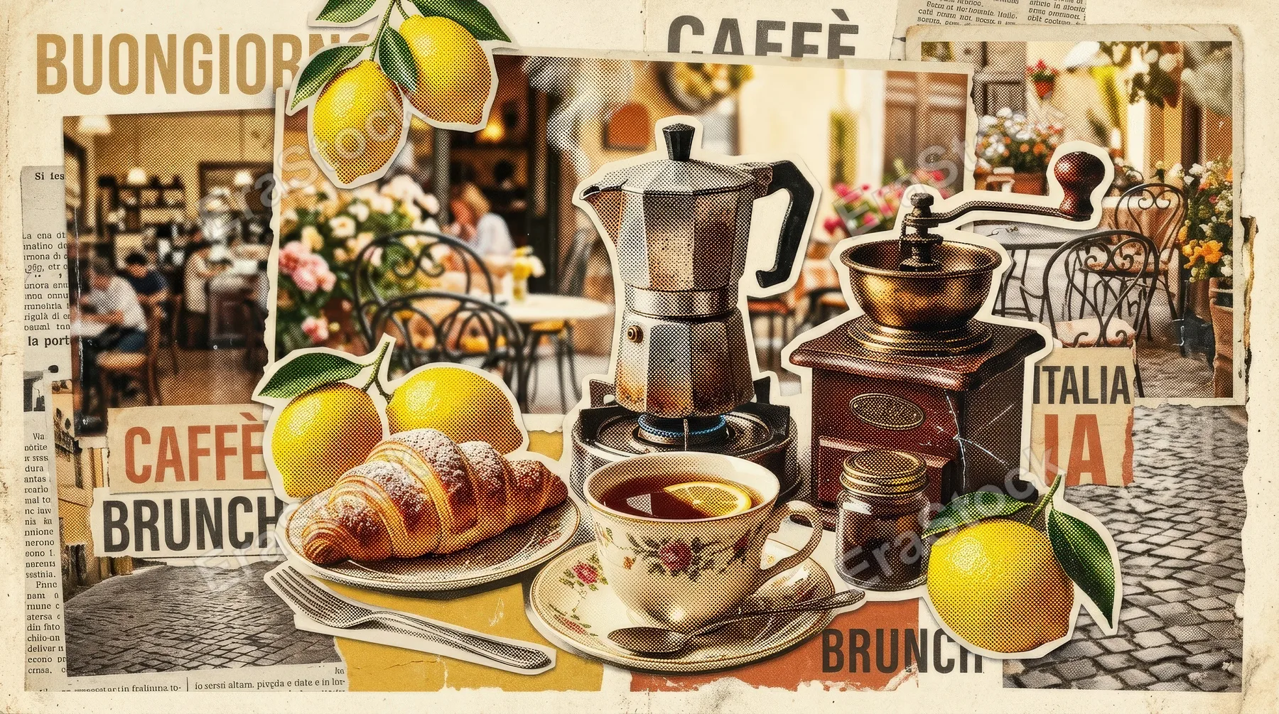 An Italian brunch halftone collage with lemon, croissant, tea cup, coffee grinder and vintage coffeemaker, warm breakfast tones and nostalgic summer ca feel, ultra-realistic, no logos.