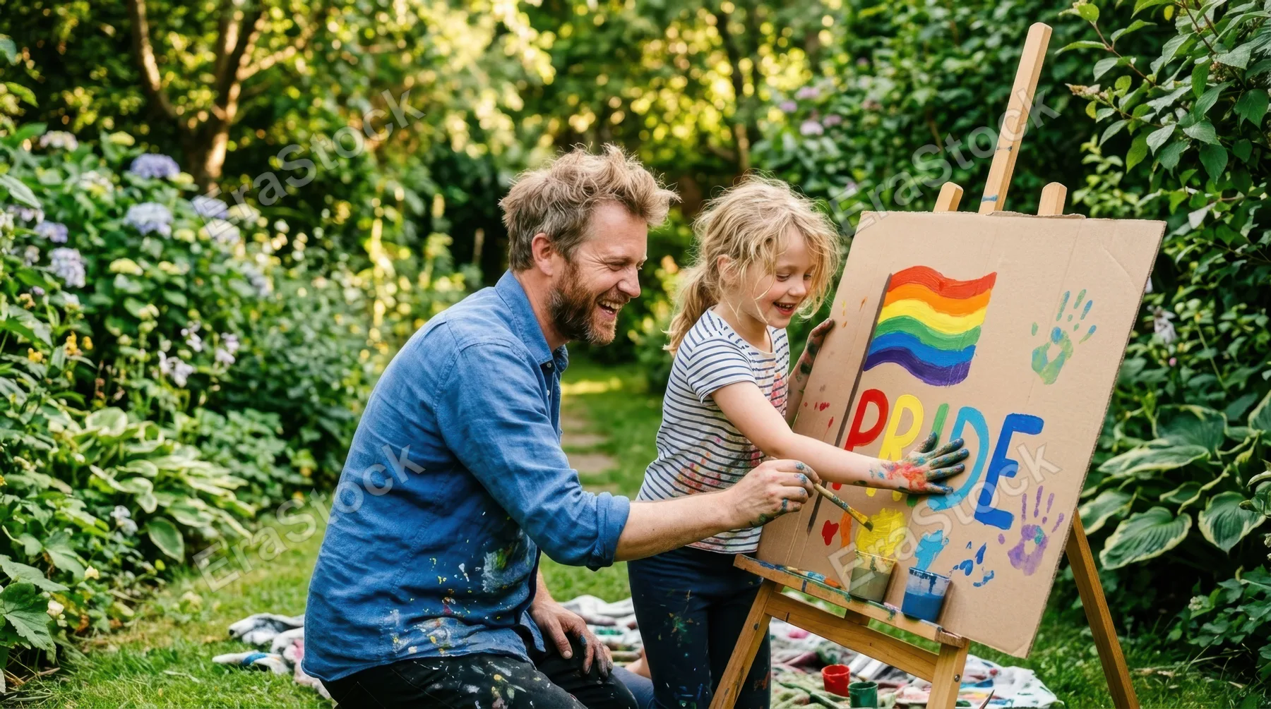 a 39-year-old white male artist and his child joyfully hand-painting a vibrant pride sign on a piece of cardboard, surrounded by lush greenery. the warm afternoon