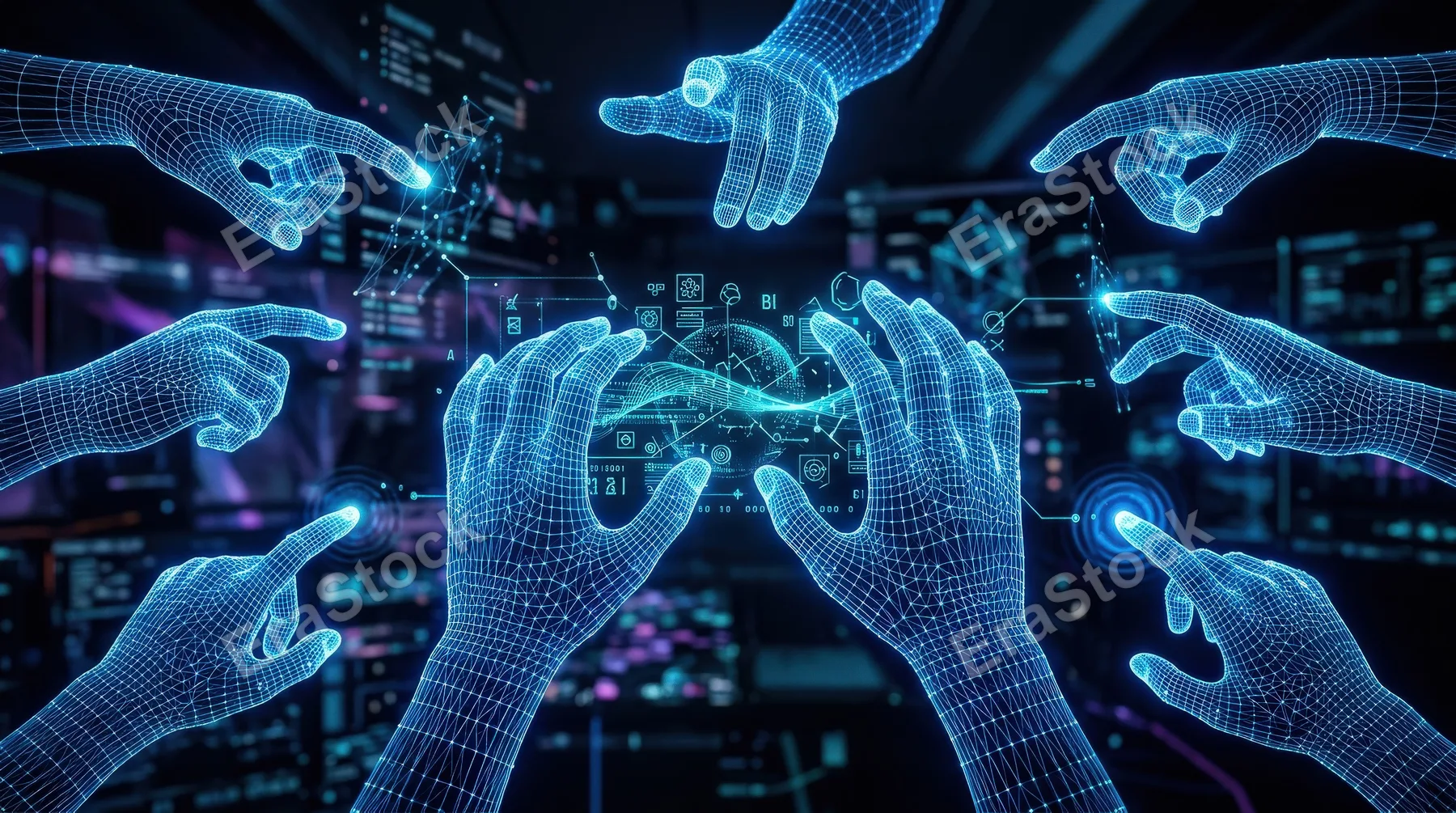 A set of abstract digital hands and gestures with blue wireframe palms and node connections, futuristic human-AI interaction and AR communication mood, ultra-realistic, no logos.