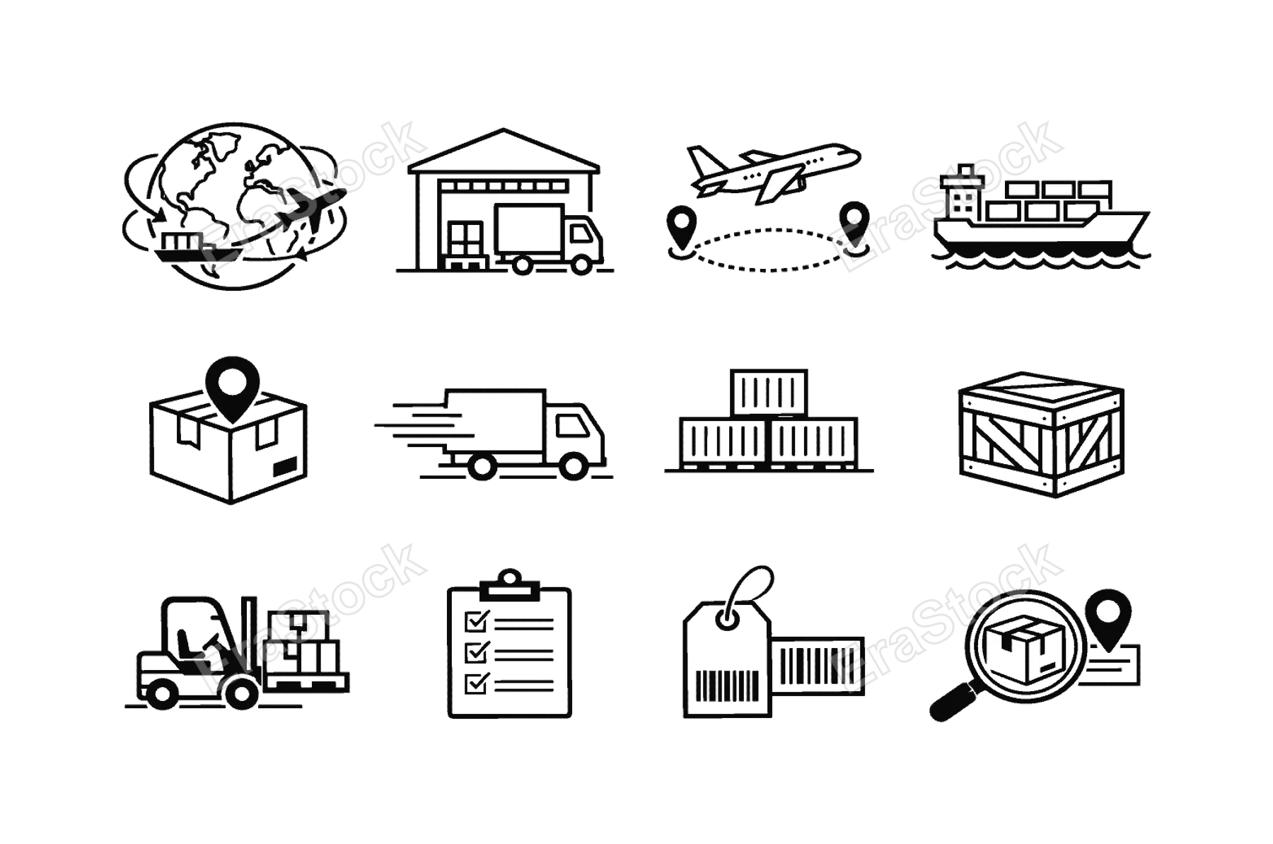 Global logistics network set: world globe with cargo route, warehouse with loading truck, airplane cargo route, ship cargo route, package with location pin, delivery truck with