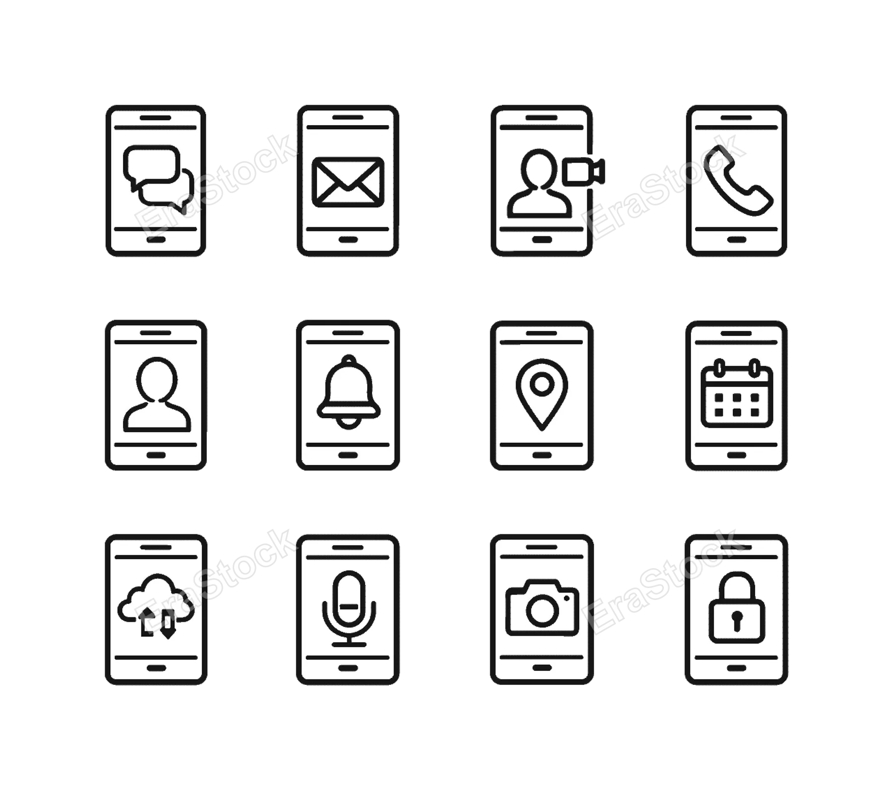 Smartphone communication tools: smartphone with chat bubbles, smartphone with envelope mail, smartphone with video call screen, smartphone with phone handset, smartphone with