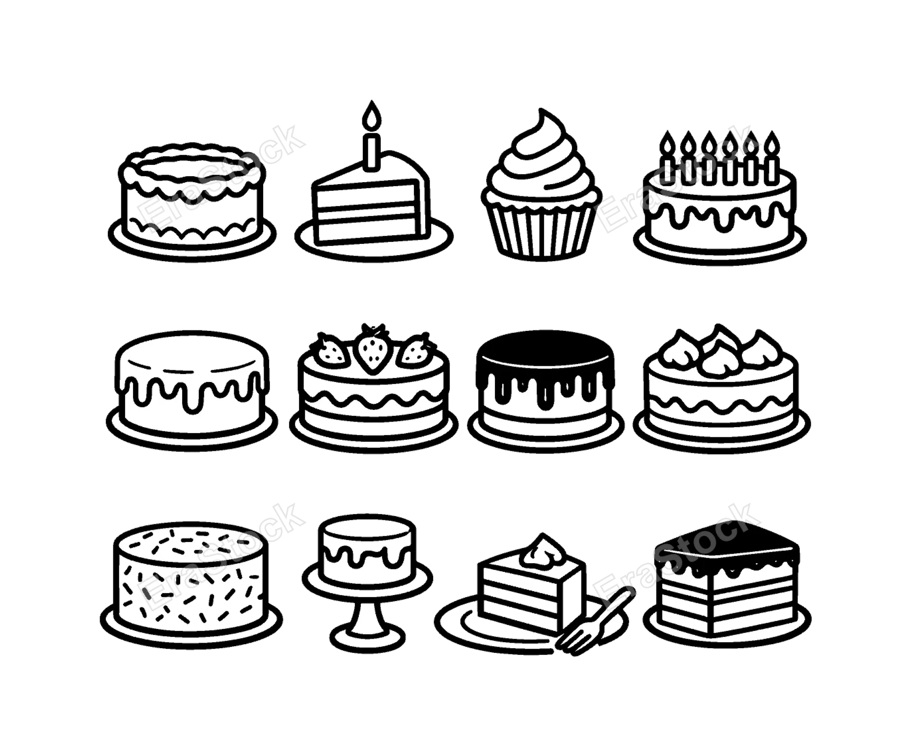 Birthday party desserts: frosted birthday cake, slice of cake with candle, cupcake with swirl frosting, cake with candles row, cake with dripping glaze, cake with strawberries