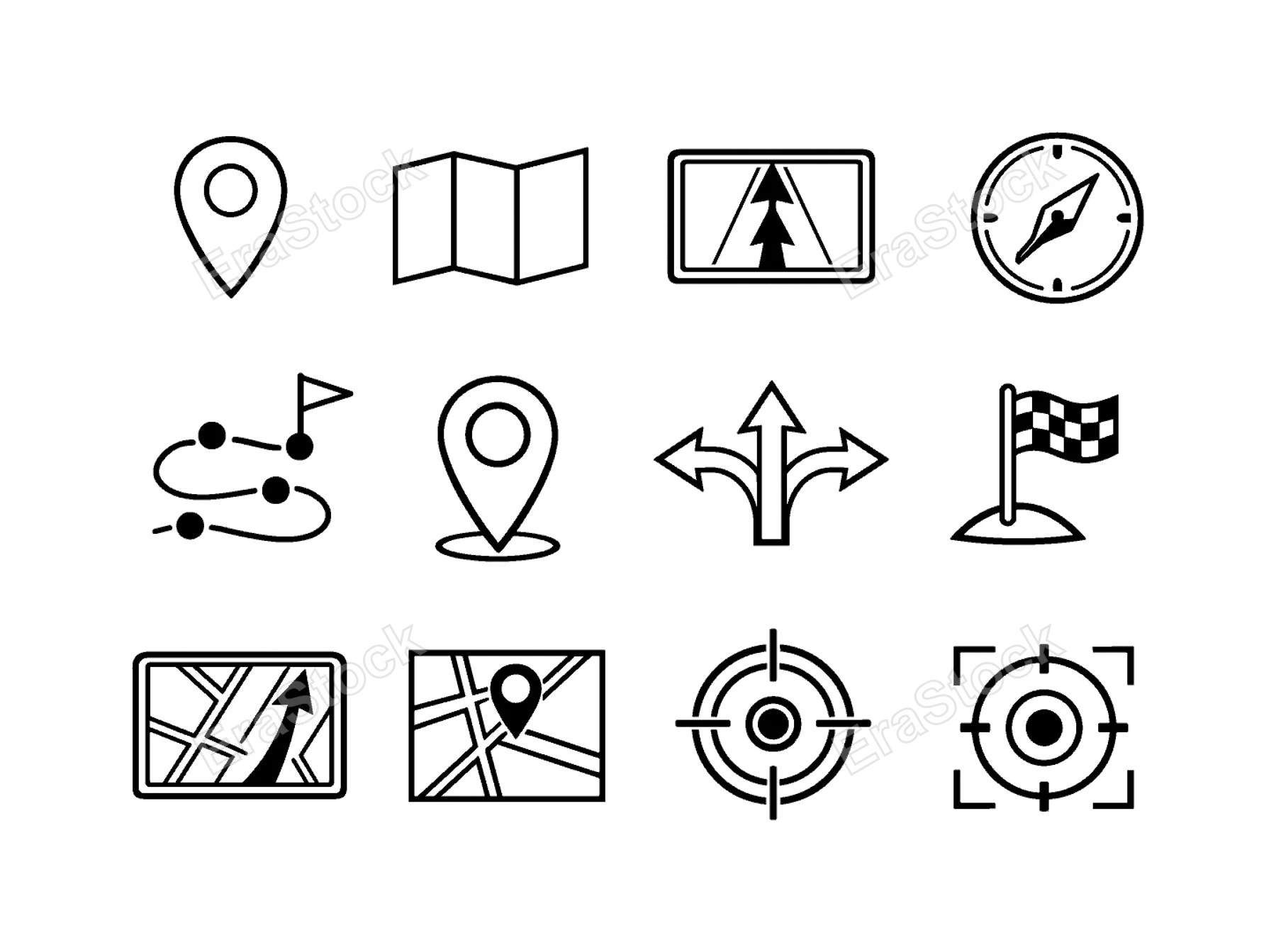 Location and navigation: location pin, map fold, gps navigation, compass, route path, destination flag, map marker, direction arrows, waypoint dots, navigation screen,
