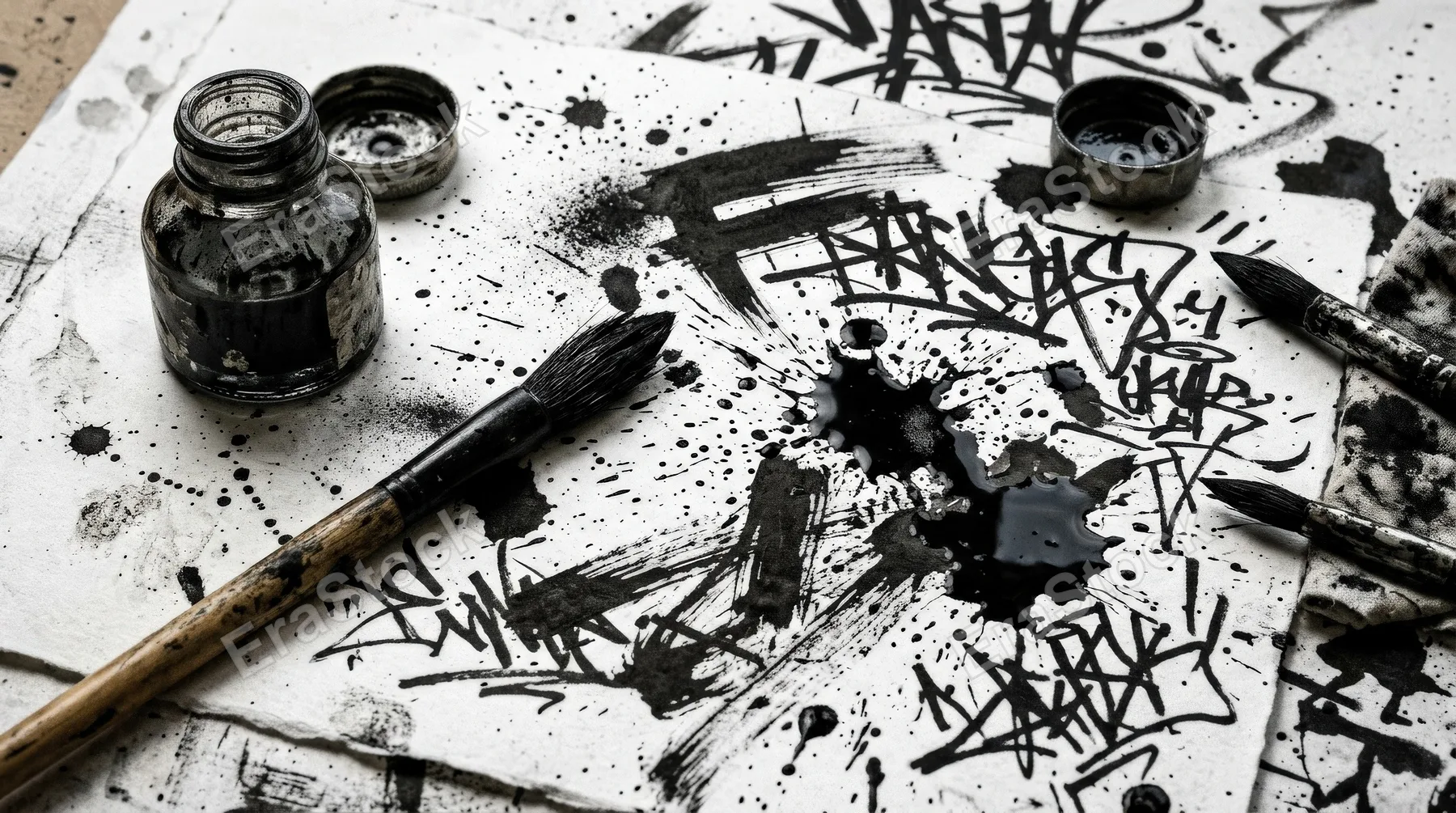 A black ink splatter kit with brush strokes, graffiti stains and messy liquid shapes on white, raw grunge art atmosphere, ultra-realistic, no logos.