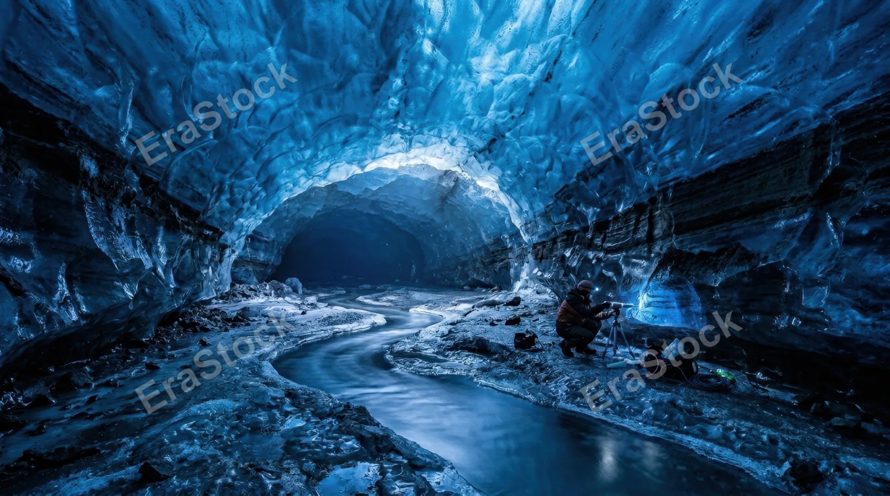 A glacier cave interior discovered beneath a retreating ice sheet, the ceiling a dome of compressed blue ice so dense it absorbs all red wavelengths leaving the space in