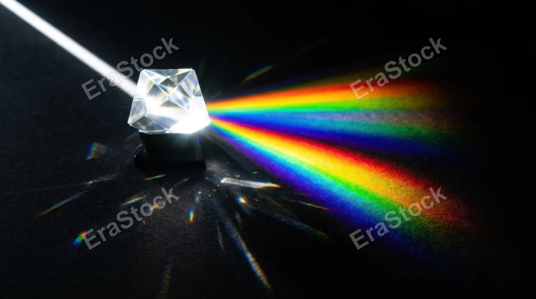 A single beam of prismatic white light striking a glass crystal and exploding into a full rainbow spectrum fan across a dark matte surface, each color band razor sharp at