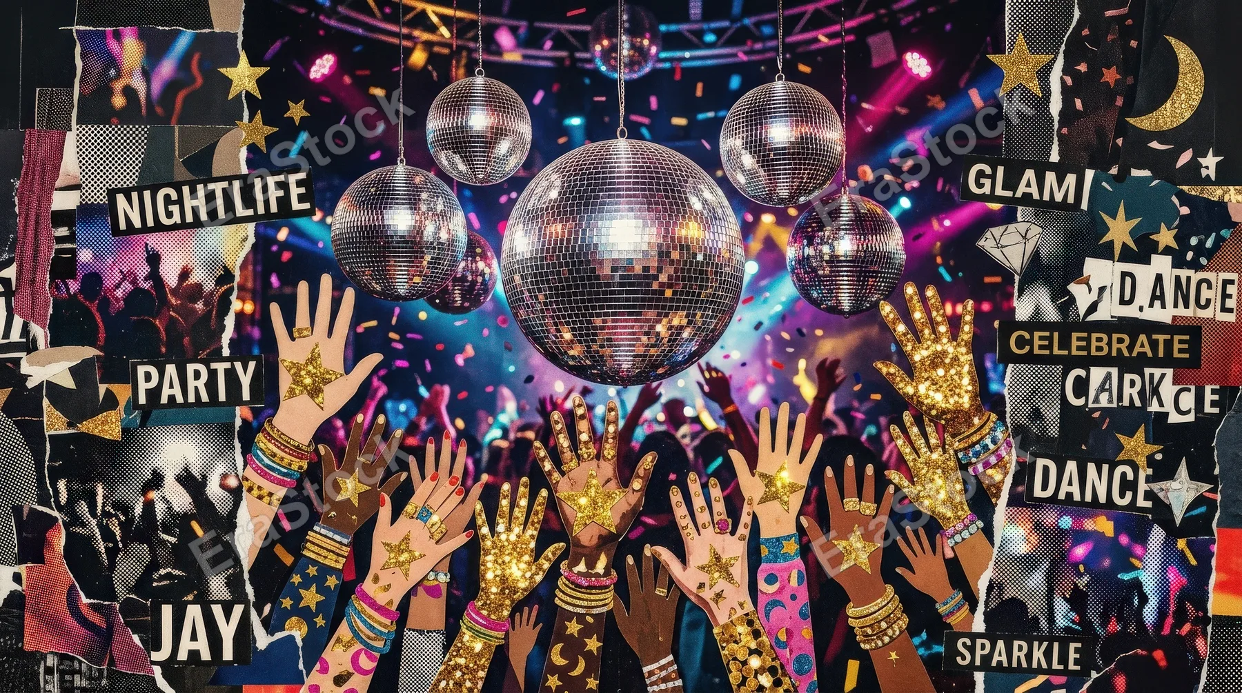 Shiny disco balls and cutout hands with gold glitter stars, halftone collage layers and a glamorous playful nightlife party atmosphere, ultra-realistic, no logos.