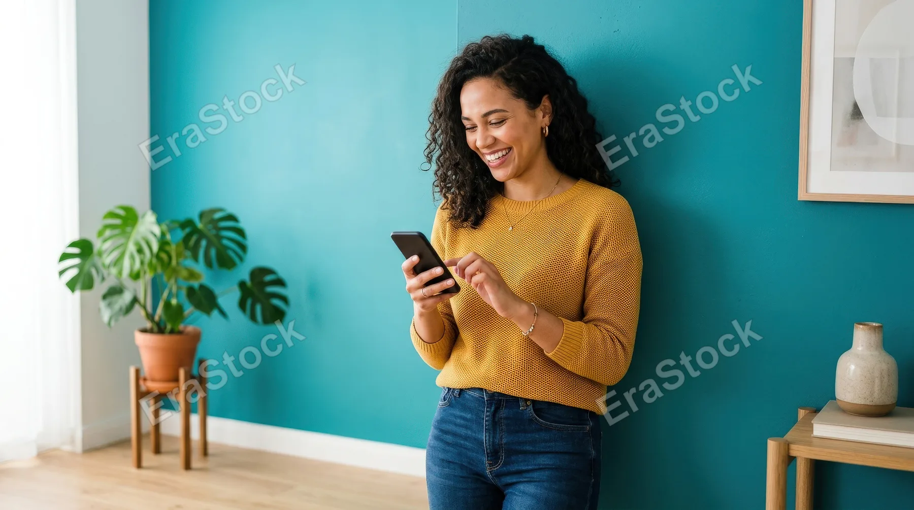 A woman using a smartphone while smiling near a teal wall, clean composition, natural pose, vivid color contrast and a fresh contemporary lifestyle mood, ultra-realistic, no logos.