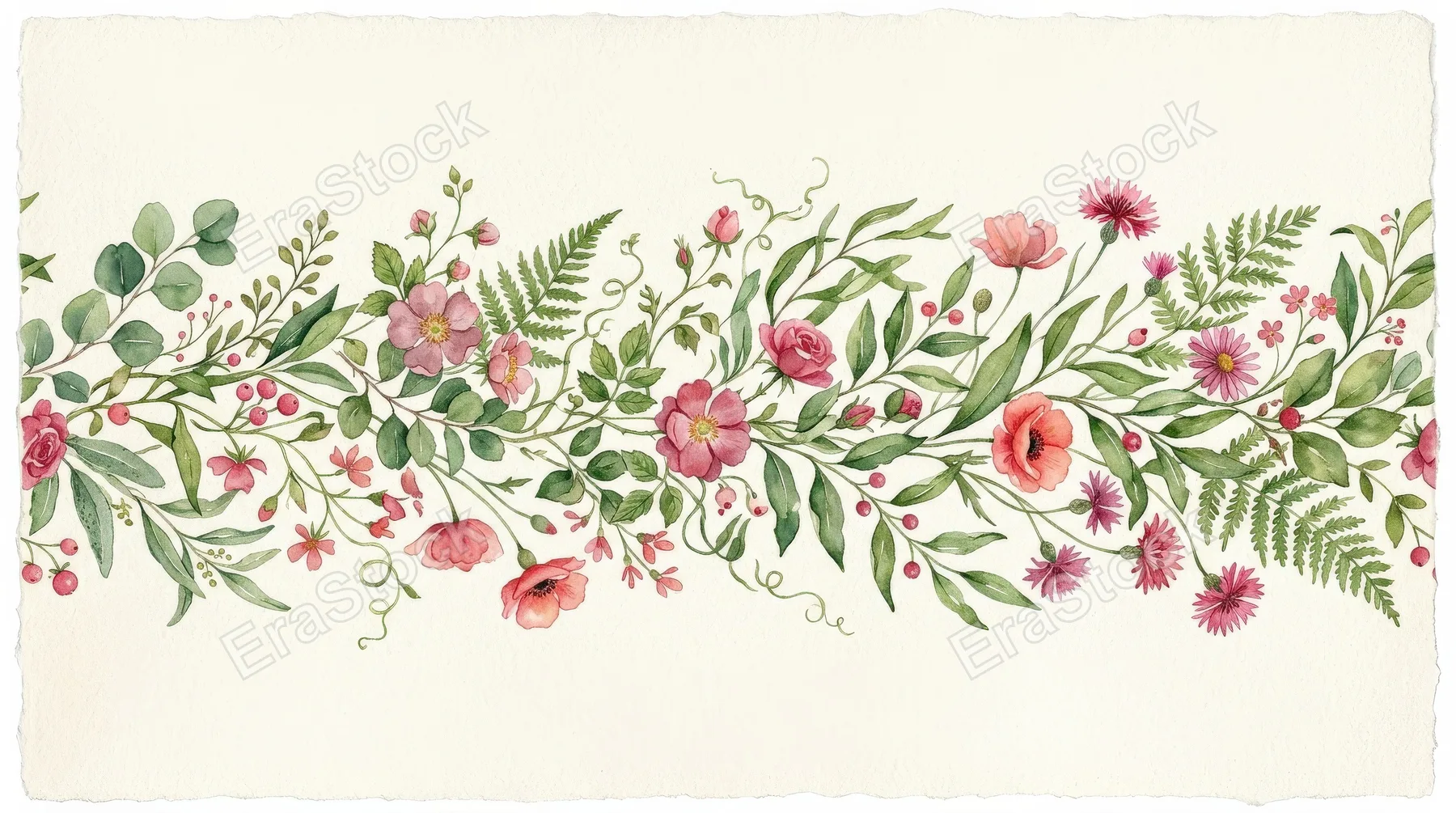A watercolor midsummer seamless border with delicate leaves and pink-red flowers, hand-painted botanical frame with gentle seasonal warmth, charming invitation mood, ultra-realistic, no logos.