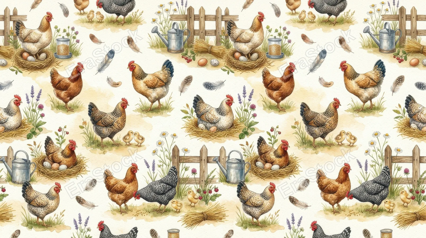 Watercolor chicken farm pattern with hens, feathers and rustic country details, seamless pastoral repeat in a cozy farmhouse mood, ultra-realistic, no logos.