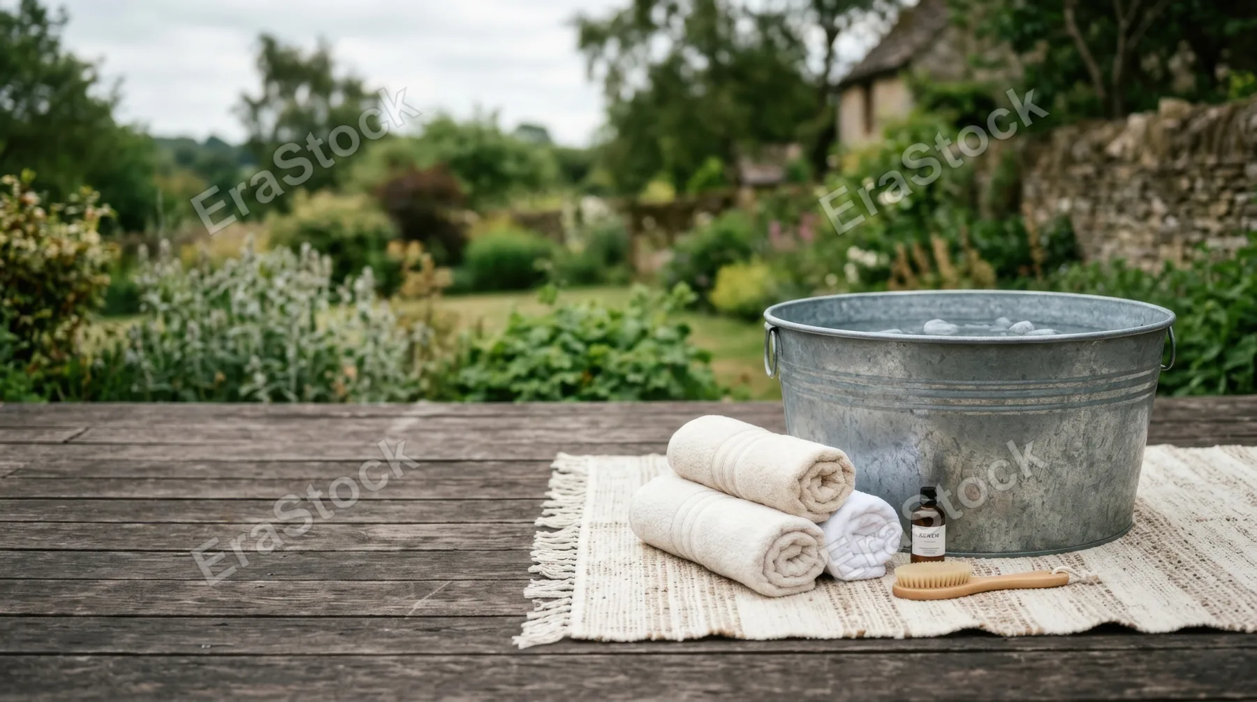 a clean, minimalist layout featuring a galvanized cold plunge tub and neatly rolled fluffy towels on a textured picnic blanket with generous copy space. the scene is shot