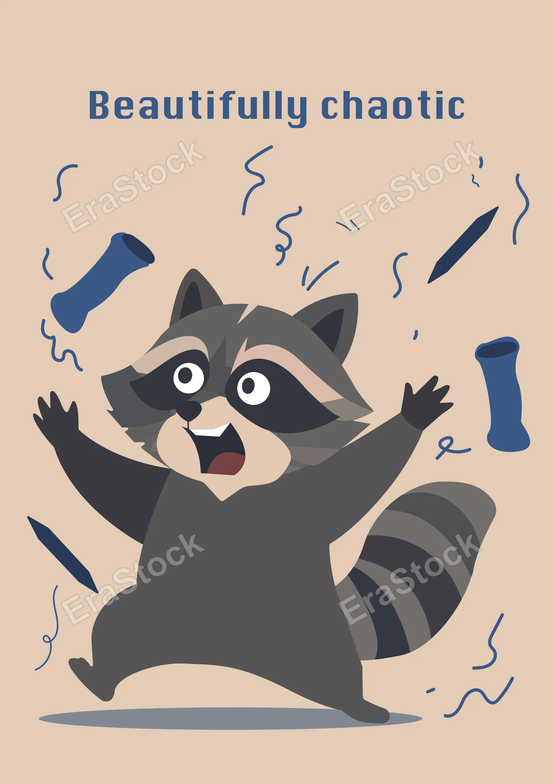 A whimsical illustration depicts a raccoon with wide eyes and an open mouth amidst a flurry of blue cylindrical objects and squiggly lines
