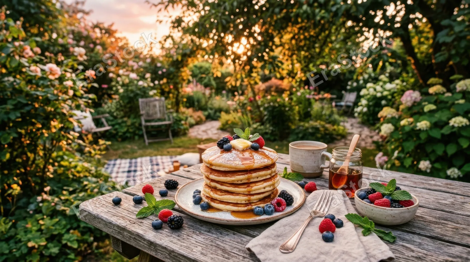 a wide shot captures a tall stack of fluffy pancakes artfully arranged on a rustic wooden garden breakfast table, surrounded by vibrant fresh berries and scattered mint