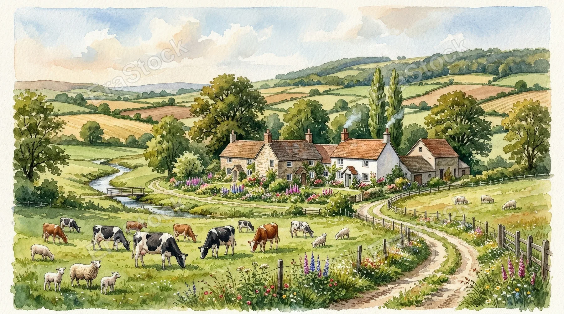 A countryside watercolor landscape with houses, farm animals, trees, green meadows, fields and hills, warm rural harmony, soft ecological beauty, ultra-realistic, no logos.