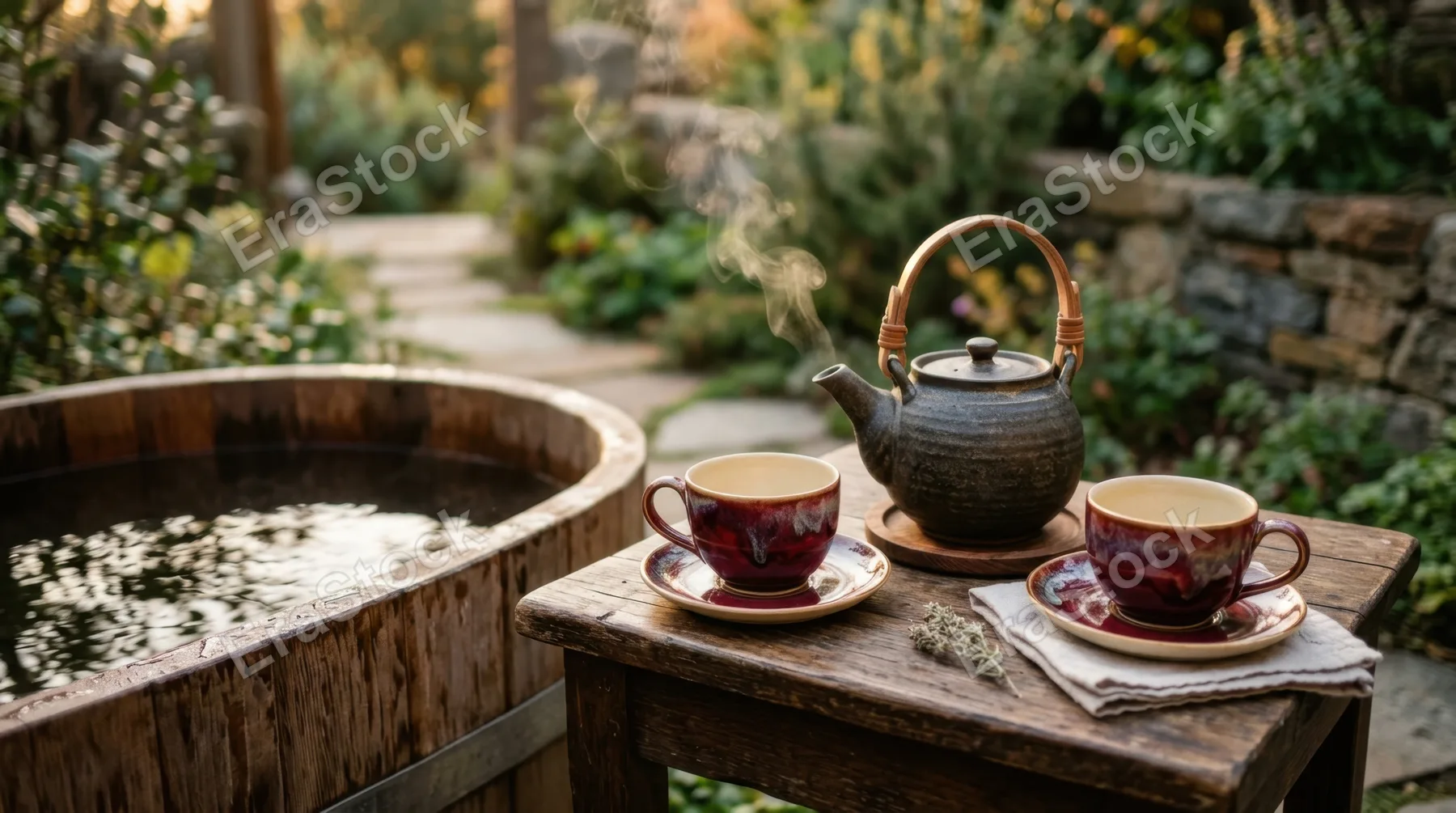 a close-up of the steaming teapot filled with herbal tea placed on a small wooden table next to the rustic cold plunge tub, emphasizing the inviting elegance of the scene