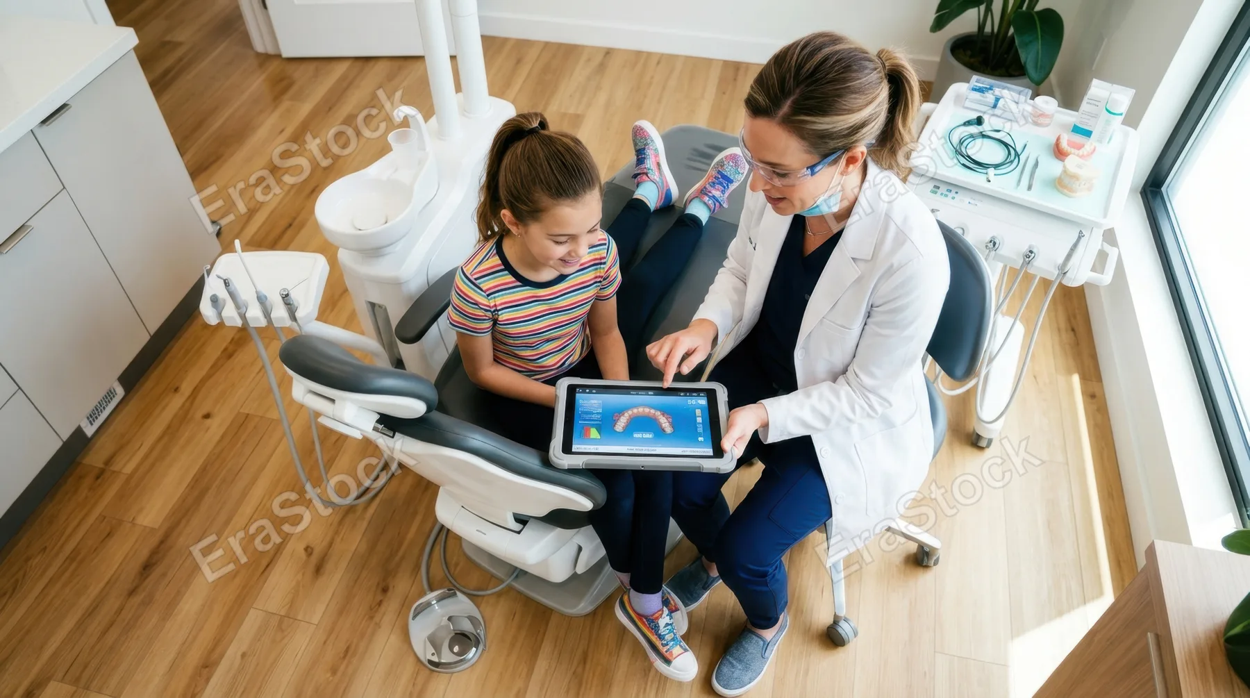 an overhead view captures the orthodontist and patient from above as they interact with the digital tablet in a modern orthodontic office. the clinical white backdrop