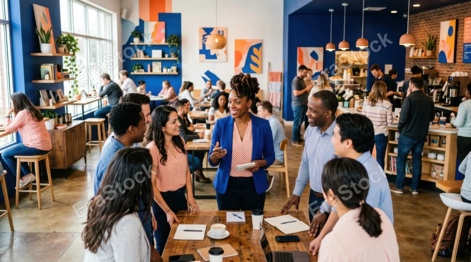 a 37-year-old black female sales representative stands confidently at the center of a lively team huddle in a vibrant modern cafe, with patrons mingling in the background