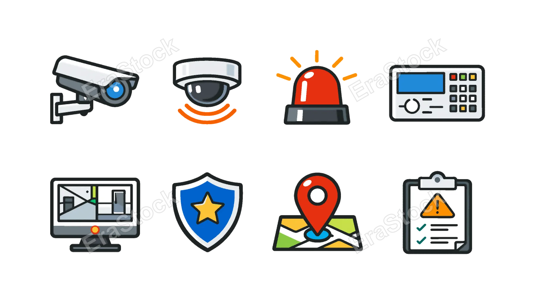 Security monitoring system: CCTV camera, motion sensor, alarm siren, control panel, surveillance screen, guard shield, location tracking pin, incident report.