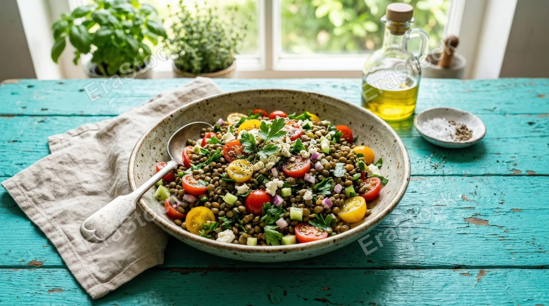 A healthy lentil salad with fresh tomatoes and parsley in a bowl on a bright turquoise wooden table, rustic textures and lively natural color, fresh wholesome atmosphere, ultra-realistic, no logos.