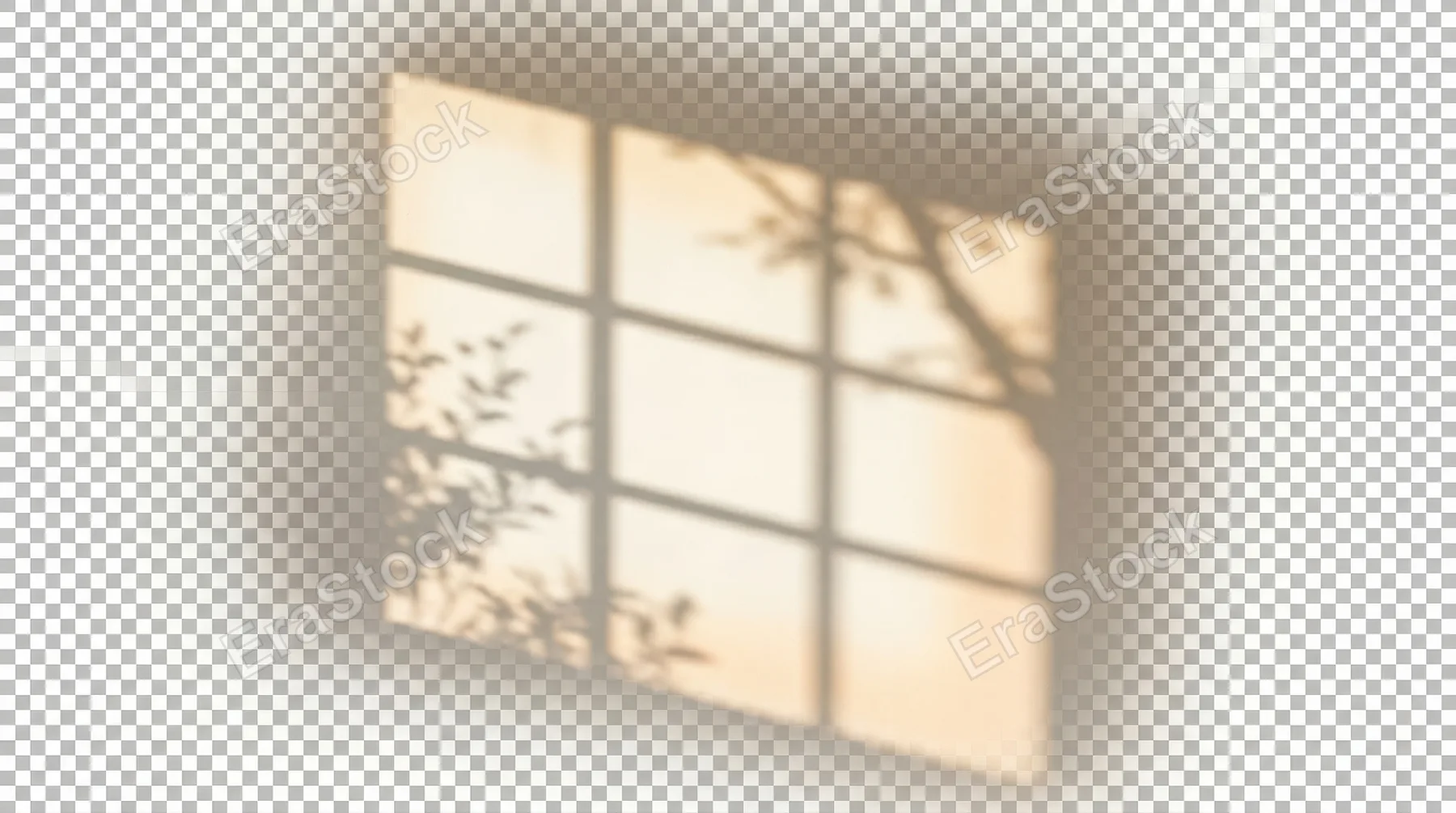 A realistic window shadow with soft blur on a transparent background, warm summer sunlight and clean interior gradients, serene minimal mood, ultra-realistic, no logos.