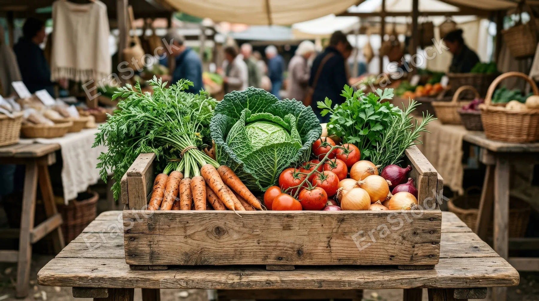 A wooden vegetable crate filled with carrots, cabbage, tomatoes, onions, and herbs, fresh farm textures and soft daylight in a rustic market setting, ultra-realistic, no logos.