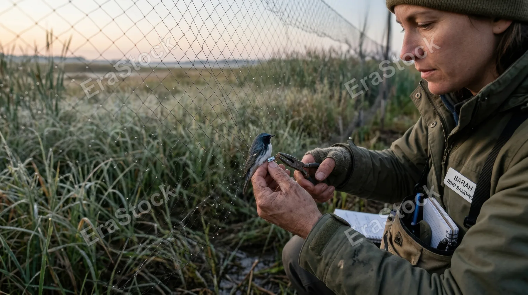 A migratory bird banding station at dawn, an ornithologist in the field gently opening a mist net to retrieve a small warbler, the bird held expertly in a ringer's grip