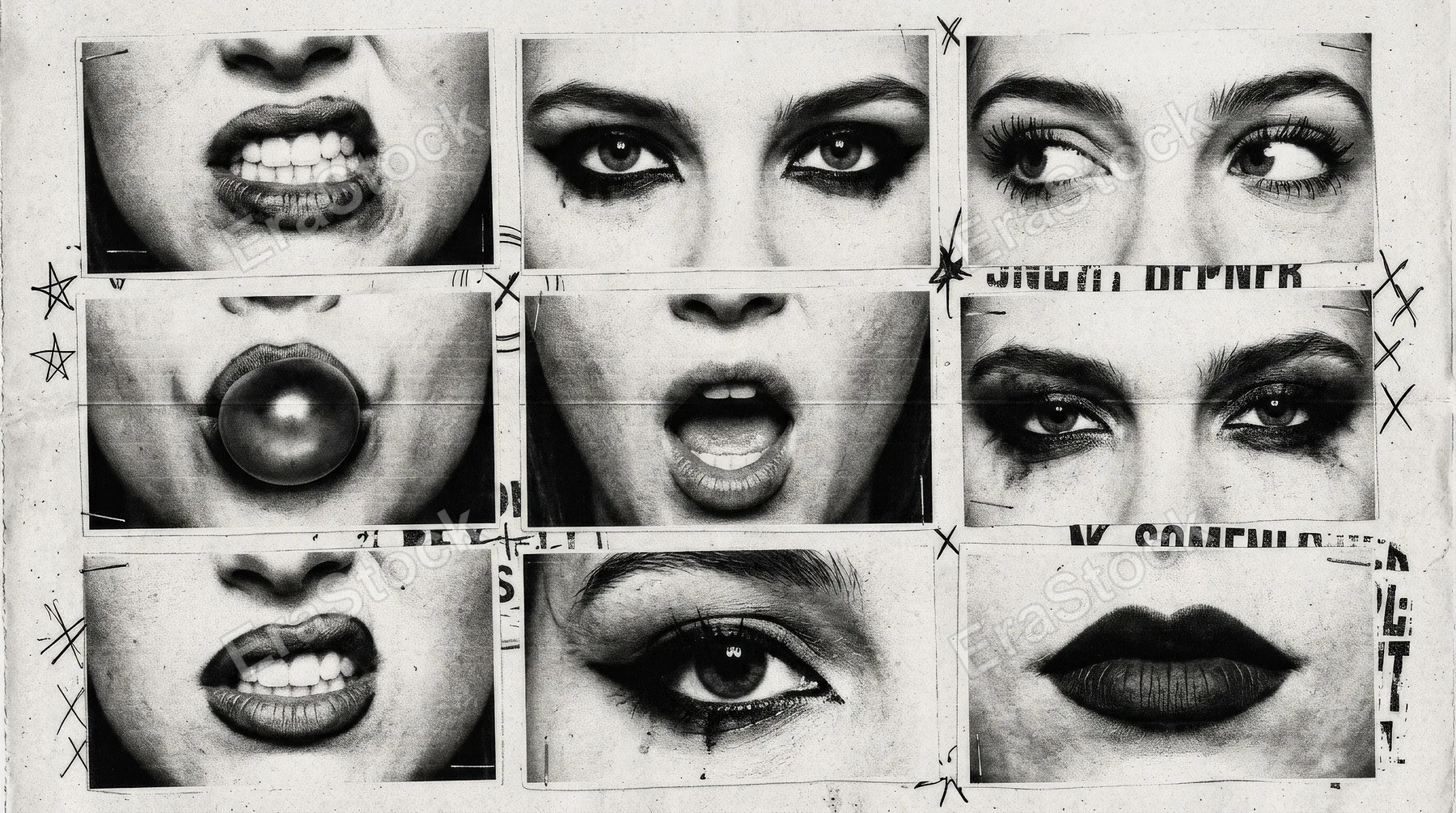 A set of female eyes lips and mouths with messy photocopy grain, punk Y2K edge, distressed monochrome texture, bold rebellious poster-ready atmosphere, ultra-realistic, no logos.